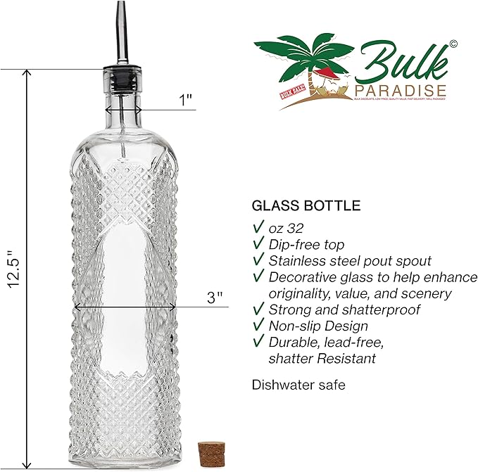 Large Clear Decorative Glass Bottle with Spout and Cork, 32oz, 1 Bottle - Design: Kristal (3in X 11.9in)