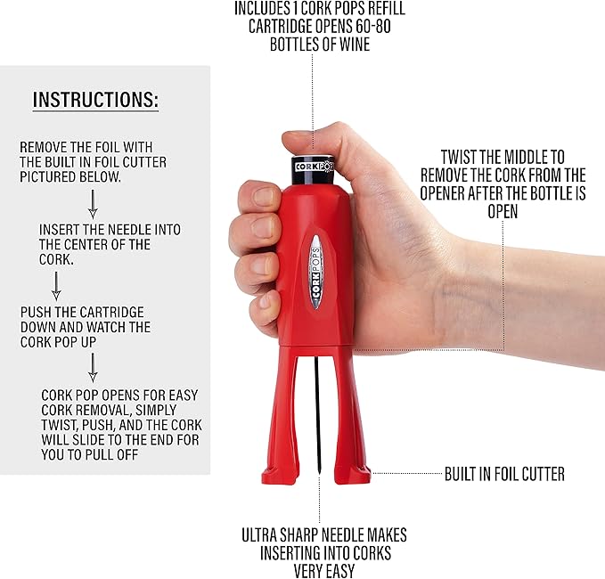Cork Pops Legacy Wine Opener Built-in 4-Blade Foil Cutter Safe Cork Removal, Effortless Push Button Use, Needle Guard for Safety, Low-Pressure Cartridge Opens Up To 60 Bottles