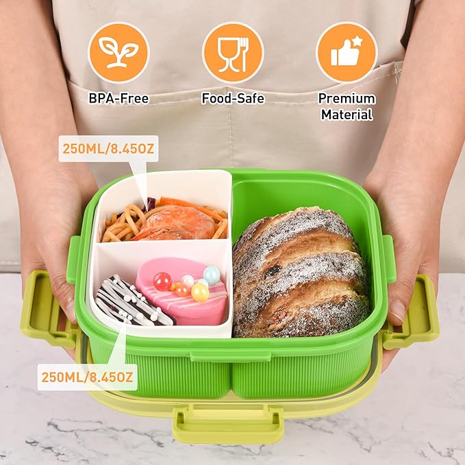 Square Bento Box with Removable Compartments for Adults & Kids - 1000ml Leak Proof Lunch Box with Utensils, BPA-Free, Microwave & Dishwasher Safe, Portable(Green)
