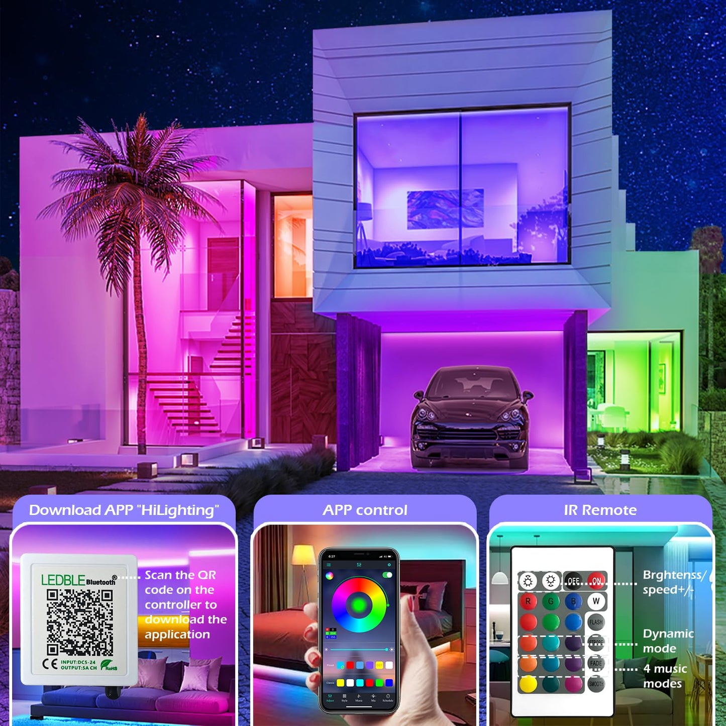 Letianpai Led Strip Lights 150Ft, Music Sync Rgb Color Changing, Bluetooth App Control, Remote Included For Bedroom And Party