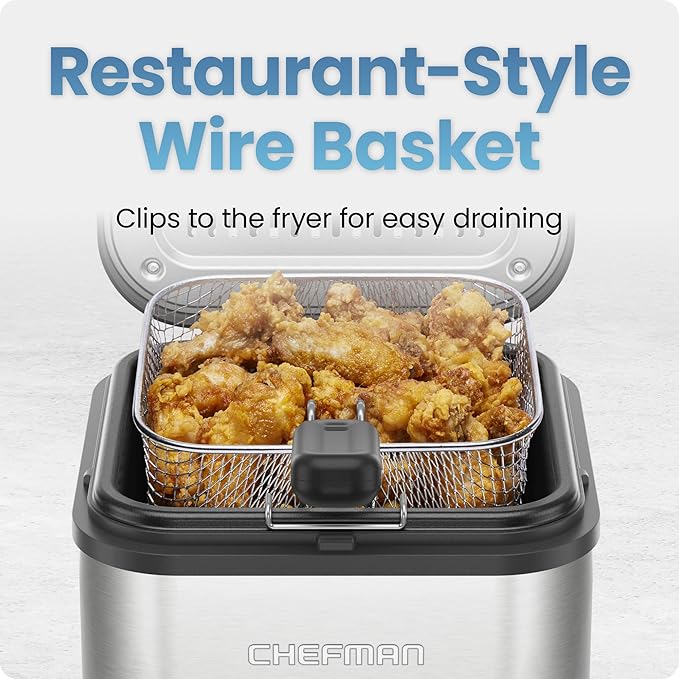 Chefman Fry Guy 2.5 Quart / 10 Cup Deep Fryer with Wire Basket, Hinged Lid with Viewing Window, Adjustable Temperature, Perfect for Fried Chicken, Shrimp, French Fries, & Chips – Stainless Steel