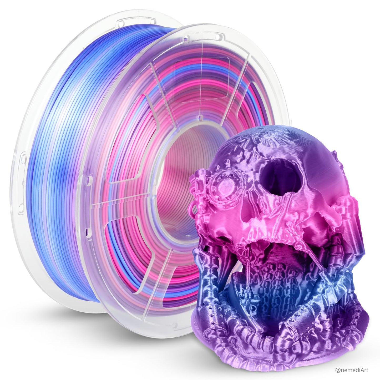 JAYO Silk Rainbow PLA Filament 1.75mm 1.1kg, Multicolor Gradient Shiny PLA, Color Changes Every 8 Meters in Blue-Purple-Magenta,