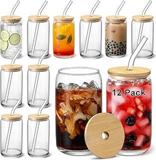 [ 12pcs Set ] Glass Cups with Bamboo Lids and Glass Straw - Beer Shaped Drinking Glasses, 16 oz Iced Coffee Glasses, Cute ...
