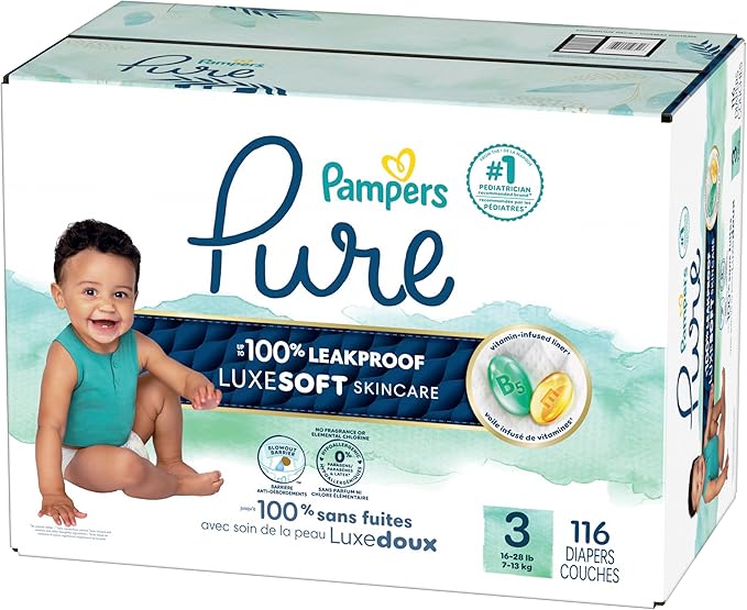 Pampers Pure Protection Baby Diapers, Size 3 (16-28 lbs), 116 Count, Up to 100% Leakproof, Premium Plant-based Skin Protection, Hypoallergenic Soft Diapers