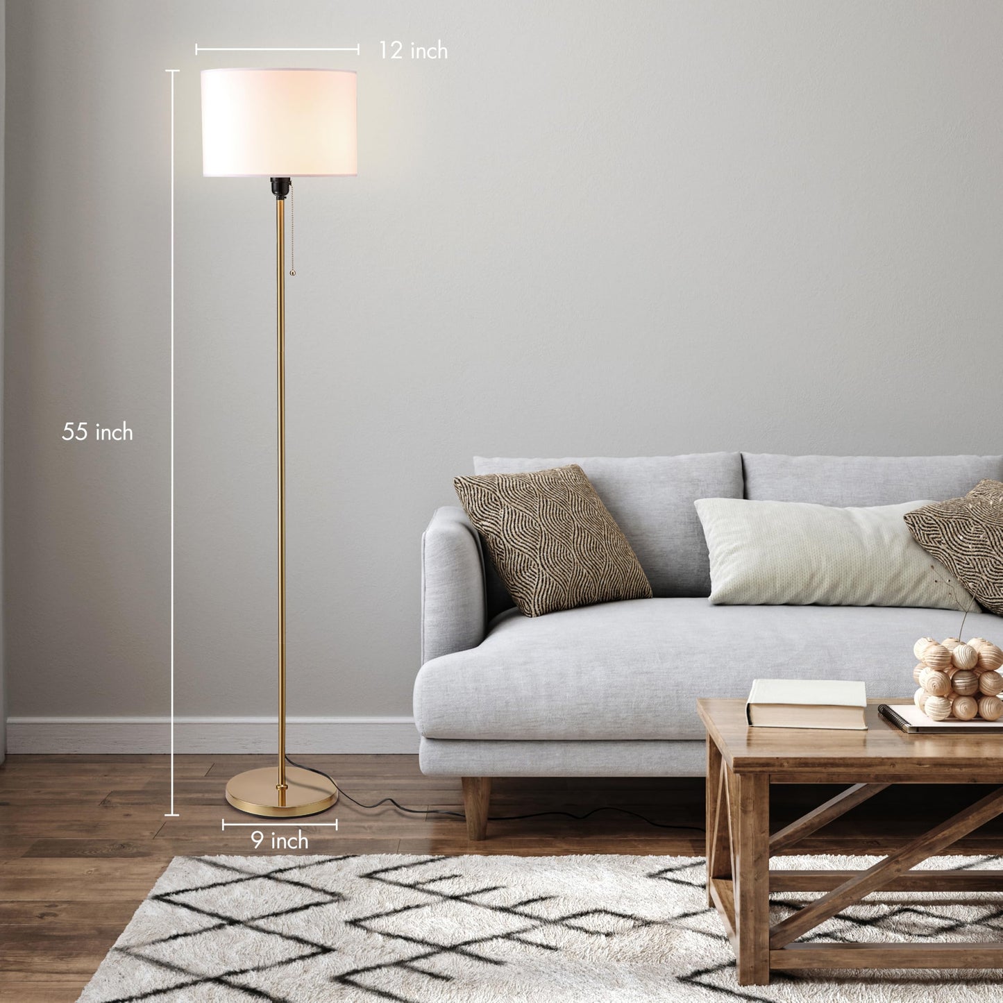 OBright Drum Shade Standing Lamp, Modern Minimalist Design, Antique Brass, E26 Socket, Pull Chain Switch, Model OB-FL19S