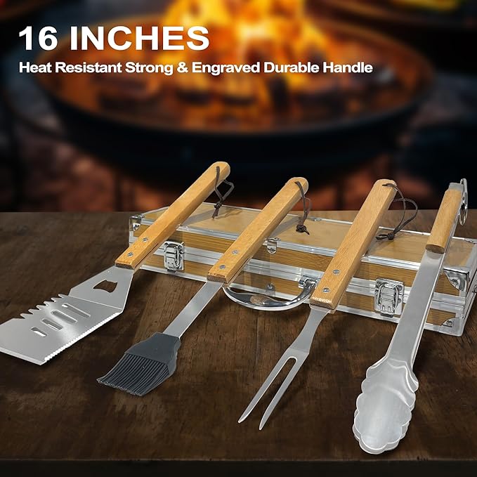 Grilling Accessories Anniversary Christmas Birthday Gifts for Dad, Heavy Duty Wooden BBQ Kit with Apron for Backyard, Thick Stainless Steel Grill Utensils with Non-Slip Handle Tools in Portable Bag