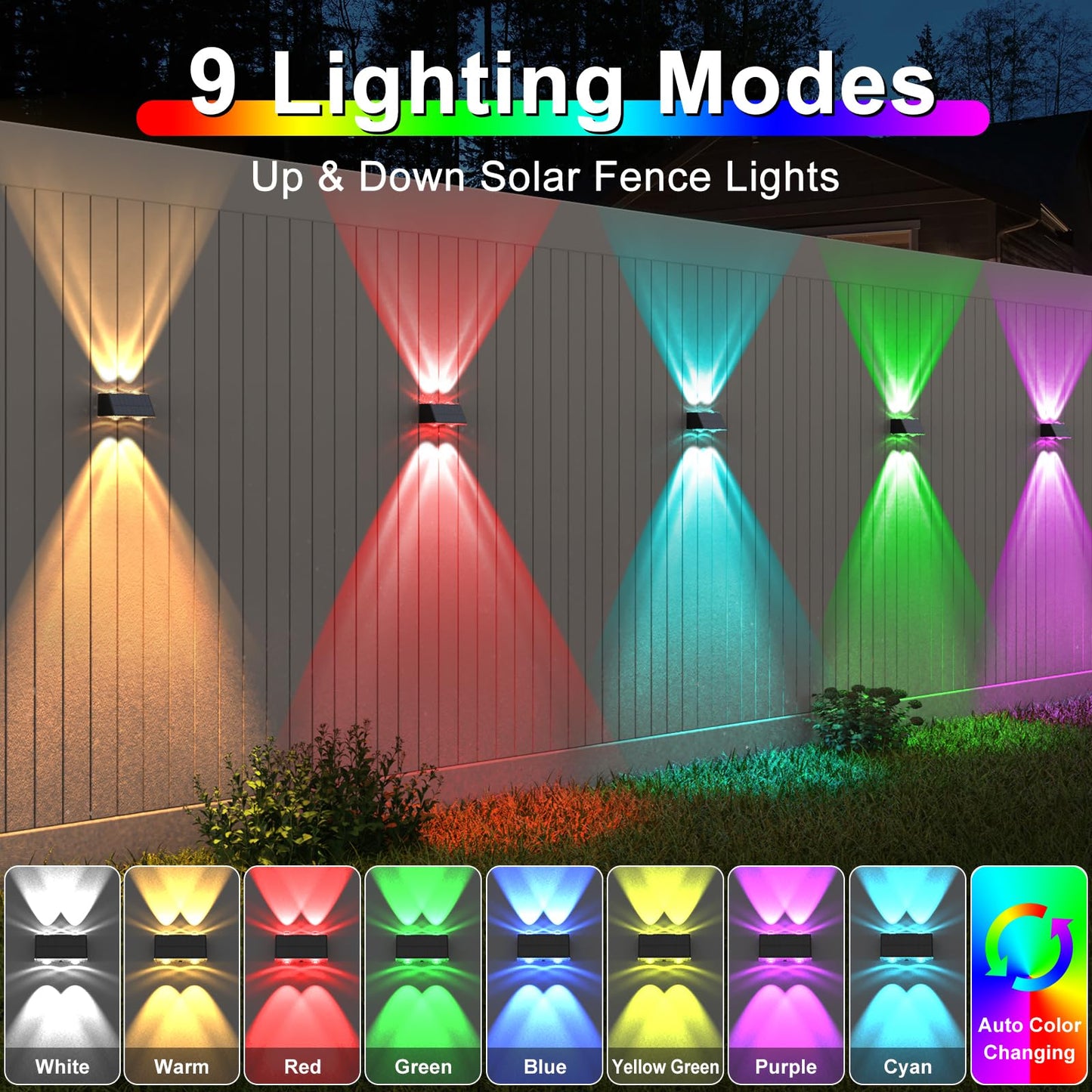 LANSOW Solar Fence Lights 8 Pack, Waterproof LED Up-Down Spot Wall Lights, Warm/Cool White & RGB, Black