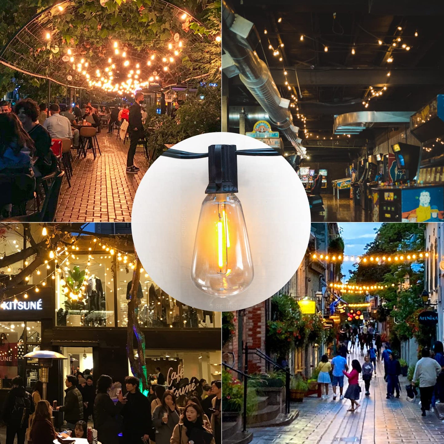 Achin Outdoor String Lights 200FT, 104 Shatterproof ST38 Bulbs, LED Dimmable, Warm 2200K, Waterproof, Black