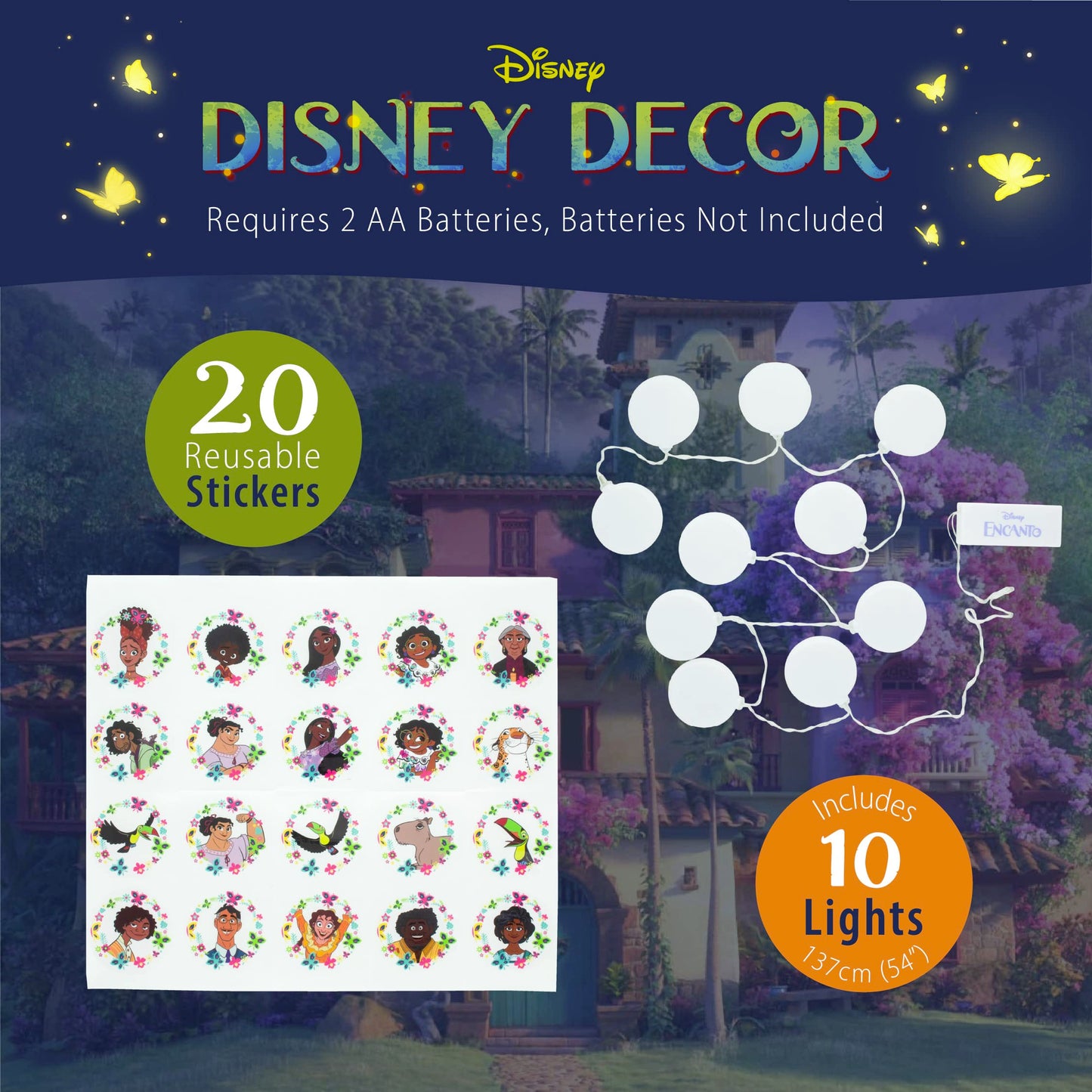 Paladone Encanto String Lights With Stickers - 54 Length (137 Cm) Indoor Room Lighting - Disney Kids Movie Encanto Bedroom Decor And Party Decoration