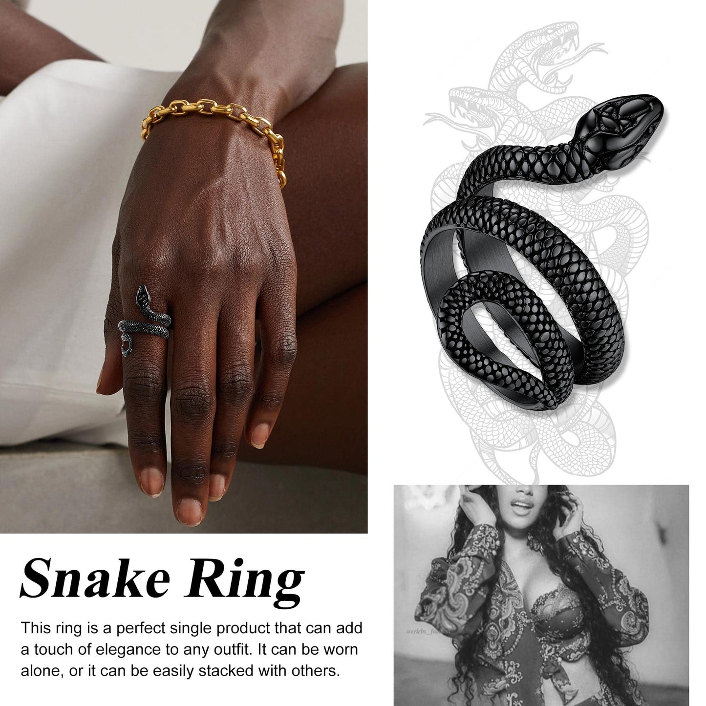 Bestyle Black Snake Ring Men Snake Rings for Women Cool Rings Snake Jewelry Gothic Punk Finger Rings Fashion Halloween Costumes