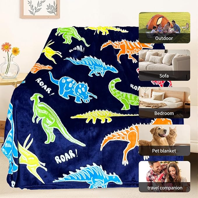 TEHALK Dinosaur Glow in The Dark Blanket for Boys/Girls/Toddler/Baby, Dinosaur Toys for Boy Age 3-12, Cute Funny Kids Throw Blanket for Birthday/Gifts 50"x 60"