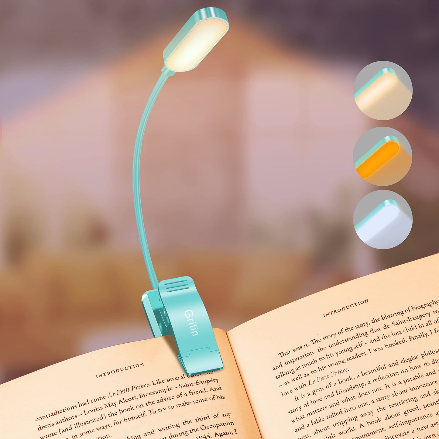Gritin 16 LED Book Light - Rechargeable, 3 Color Temperatures, Stepless Dimming, Flexible Clip, Blue, Model G1331