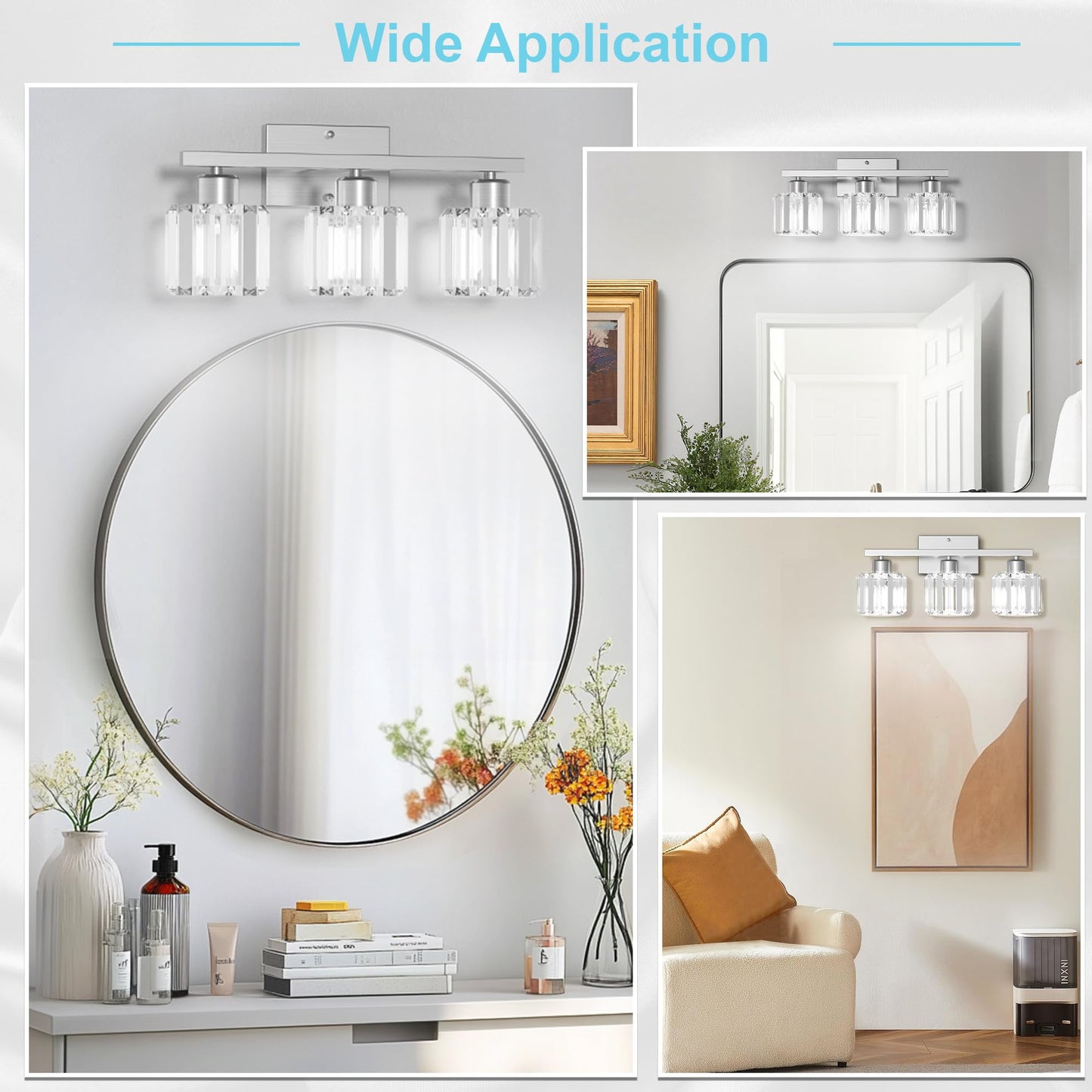 Golspark 3 Light Crystal Bathroom Vanity Light Fixtures Over Mirror  Brushed Nickel Modern Vanity Lighting Fixtures  Wall Sconce Bath Wall Light E26 Base Round Crystal Shades (Exclude Bulb)