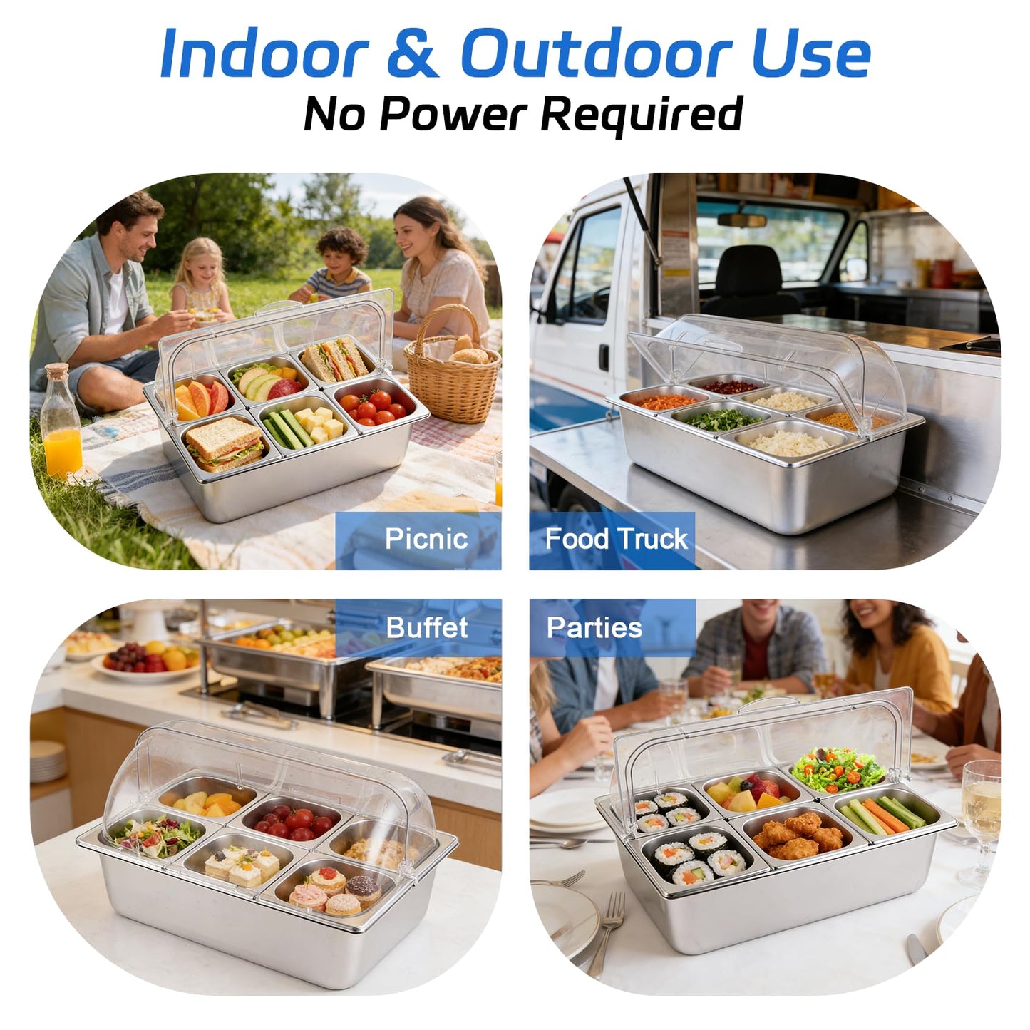 YMJOINMX Cold Food Buffet Server 9.6Qt (6 Pans×1.6Qt) with Ice Packs for Salad Pizza Sauce Colded Serving Trays Condiments Containers for Parties Buffet