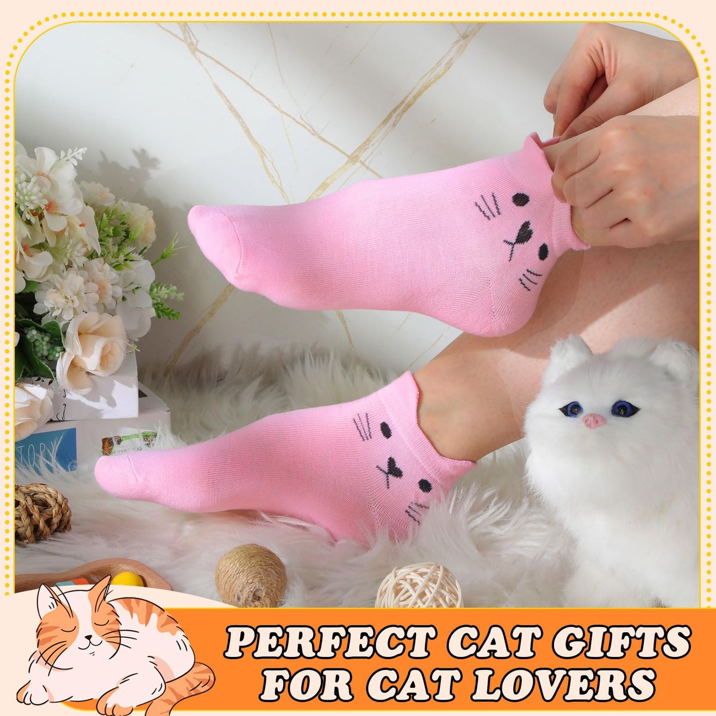 Eurzom 8 Pack Women's Cat Ankle Socks Cotton Breathable Colorful Cute Animal Low Cut Sock Novelty Gifts for Girls Teens