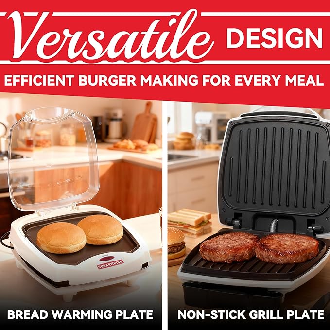 2 In 1 Hamburger Grill Maker, Electric Indoor Grill and Panini Press with Non-stick Grill Plates, 1200W, Easy to Clean and Store, White