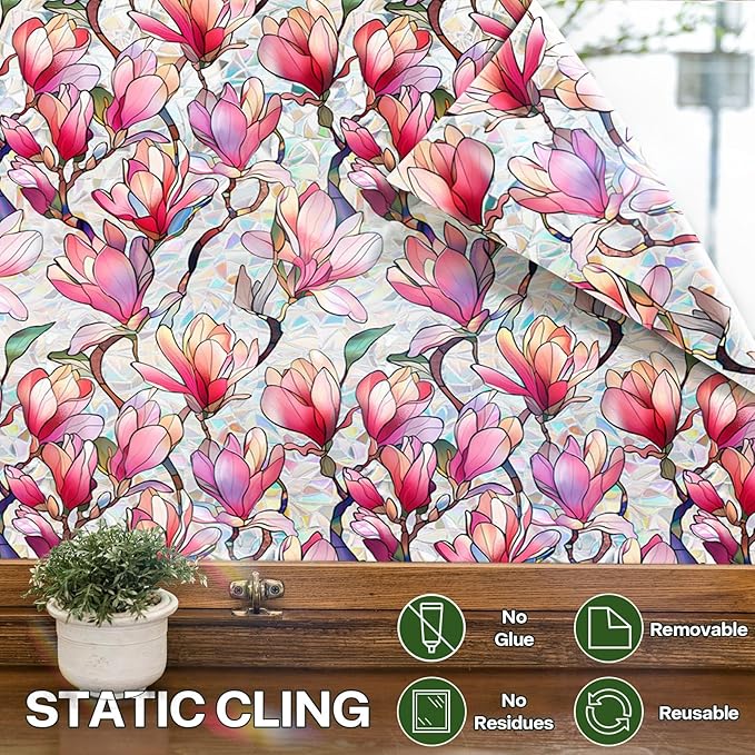 Stained Glass Window Film UV Resistant Window Privacy Film Pink Floral Privacy Rainbow Decals Living Room Bedroom Sun Blocking Decor Removable Static Cling Stickers 17 x 78.74 Inch