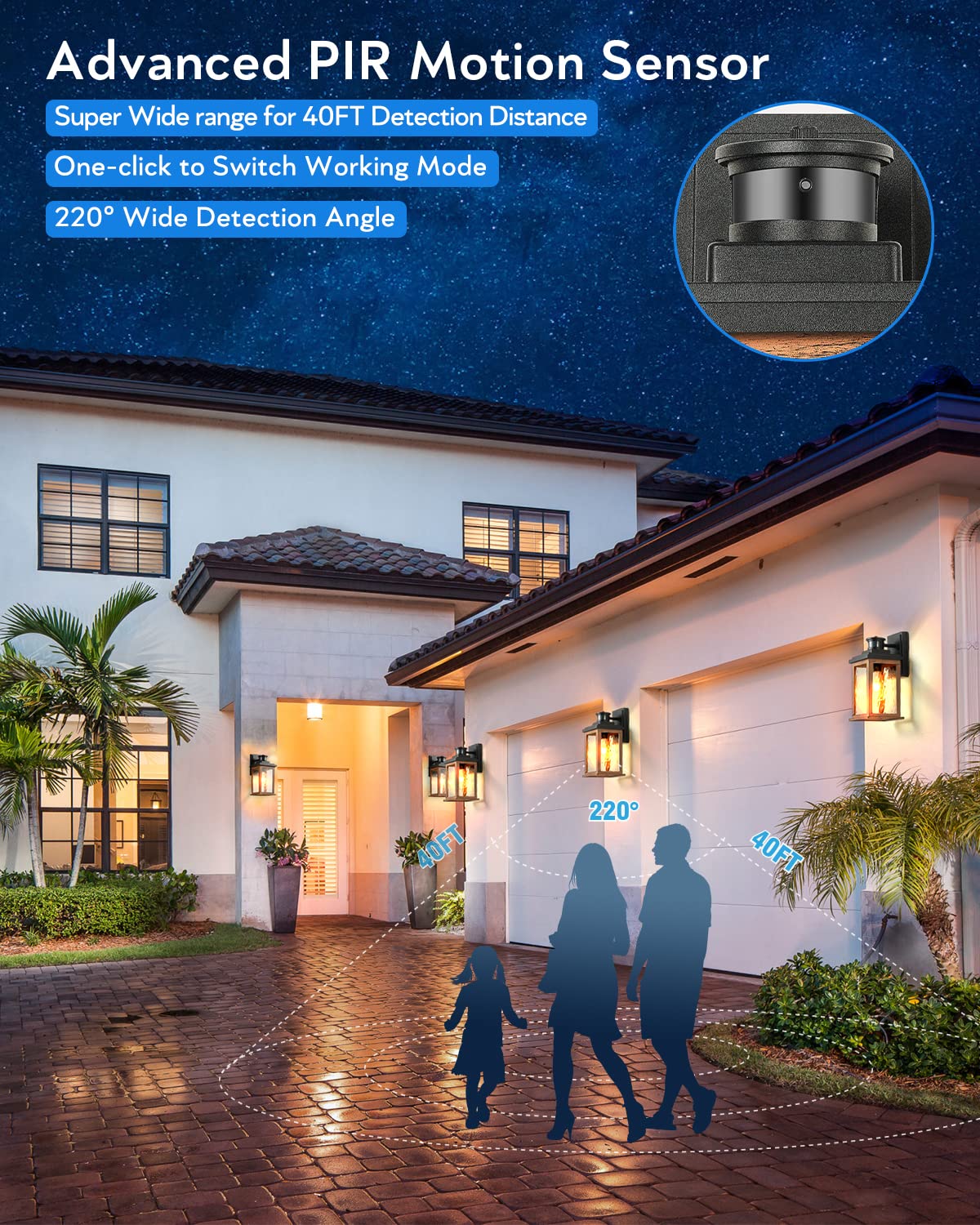 Vianis Motion Sensor Outdoor Lights, Waterproof Wall Mount Lantern, Wood Grain, Model V81011Gr, Dusk To Dawn Sconce For Entryway
