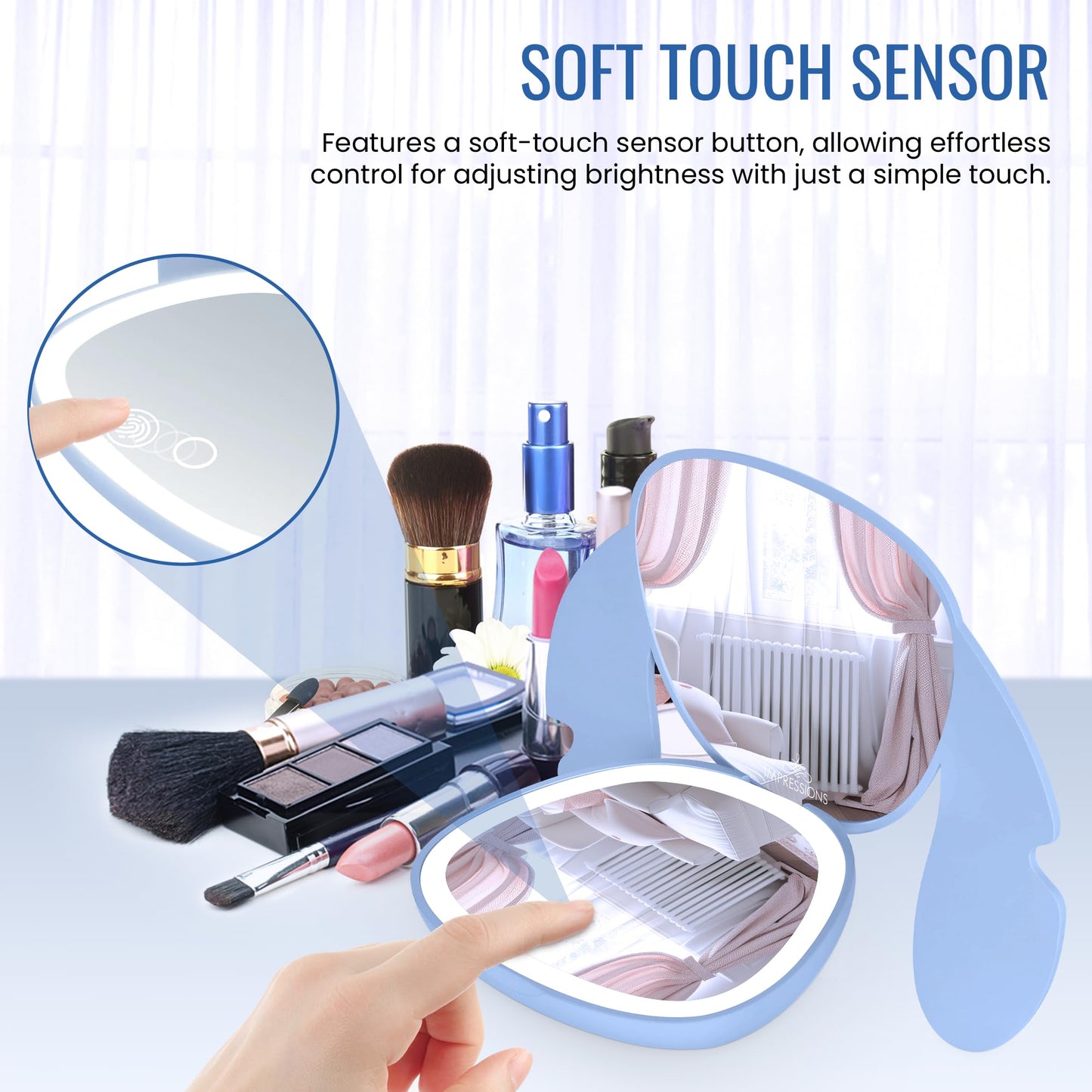 Impressions Vanity Stitch Ohana LED Compact Mirror with Lights, Lighted Travel Makeup Mirror with 3X Magnification, Adjustable B