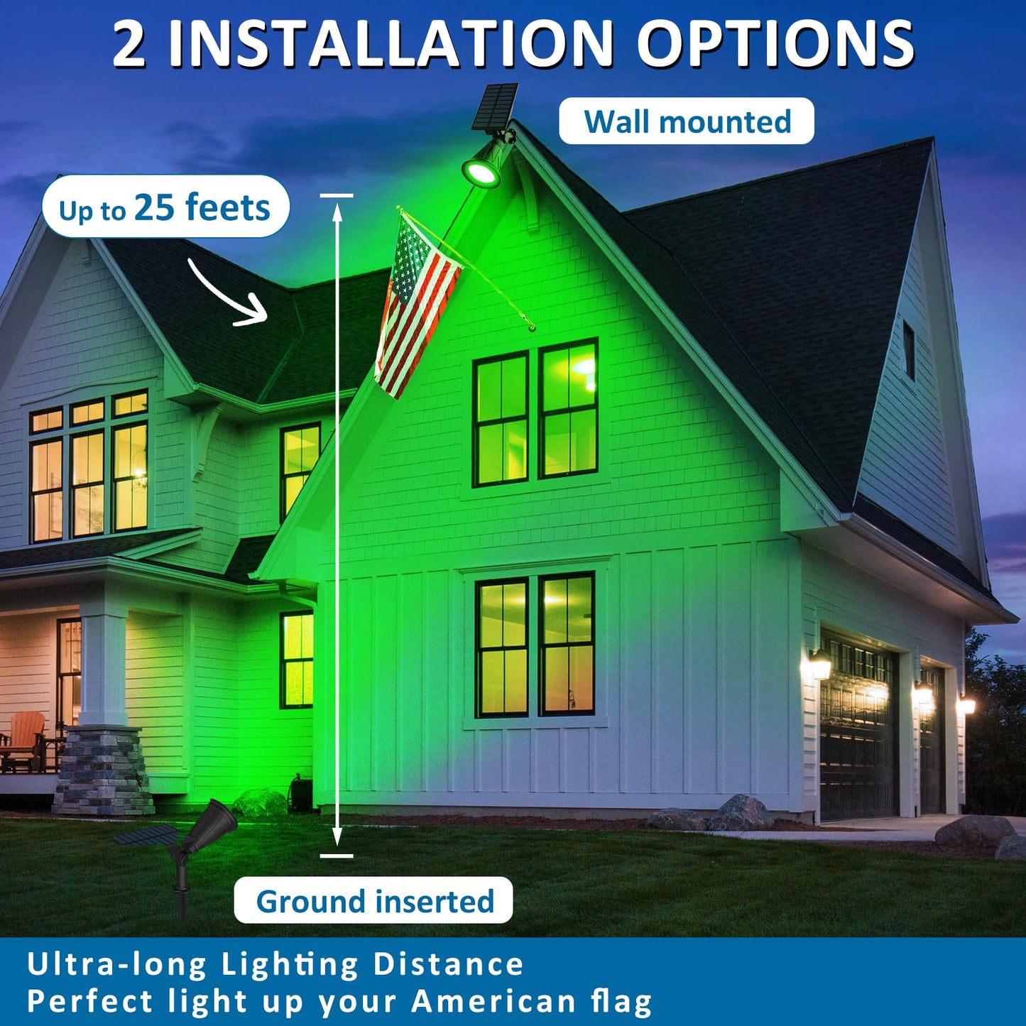 T-SUNUS Solar Spotlight - Green, IP65 Waterproof, Auto-on/Off, 2 Pack, Model G102 for Outdoor Landscape Lighting