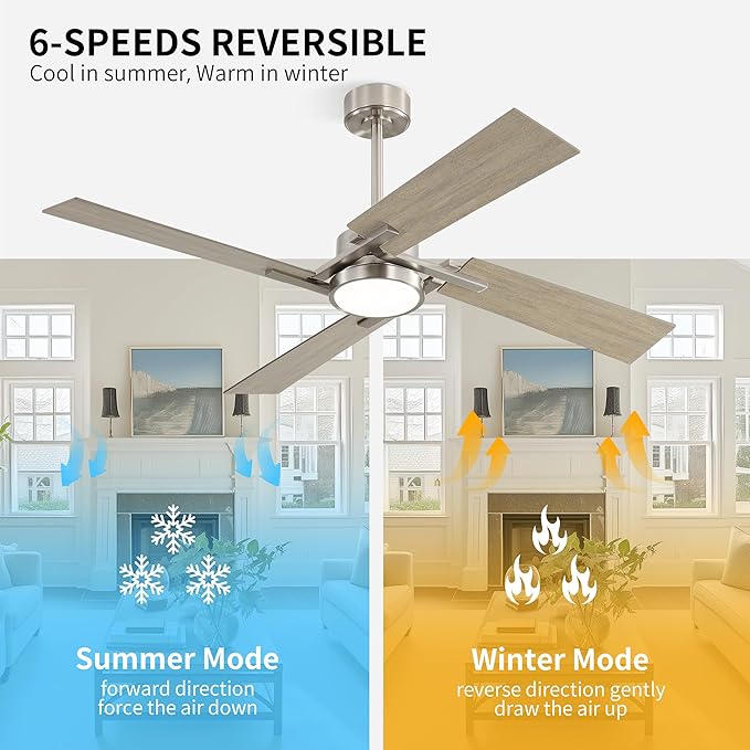 WINGBO 72 Inch DC Ceiling Fan with Lights and Remote, 4 Plywood Blades, 6-Speed Reversible DC Motor, Dimmable, 3CCT, Farmhouse Large Ceiling Fan for Bedroom Living Room Patio, Brushed Nickel and Gray