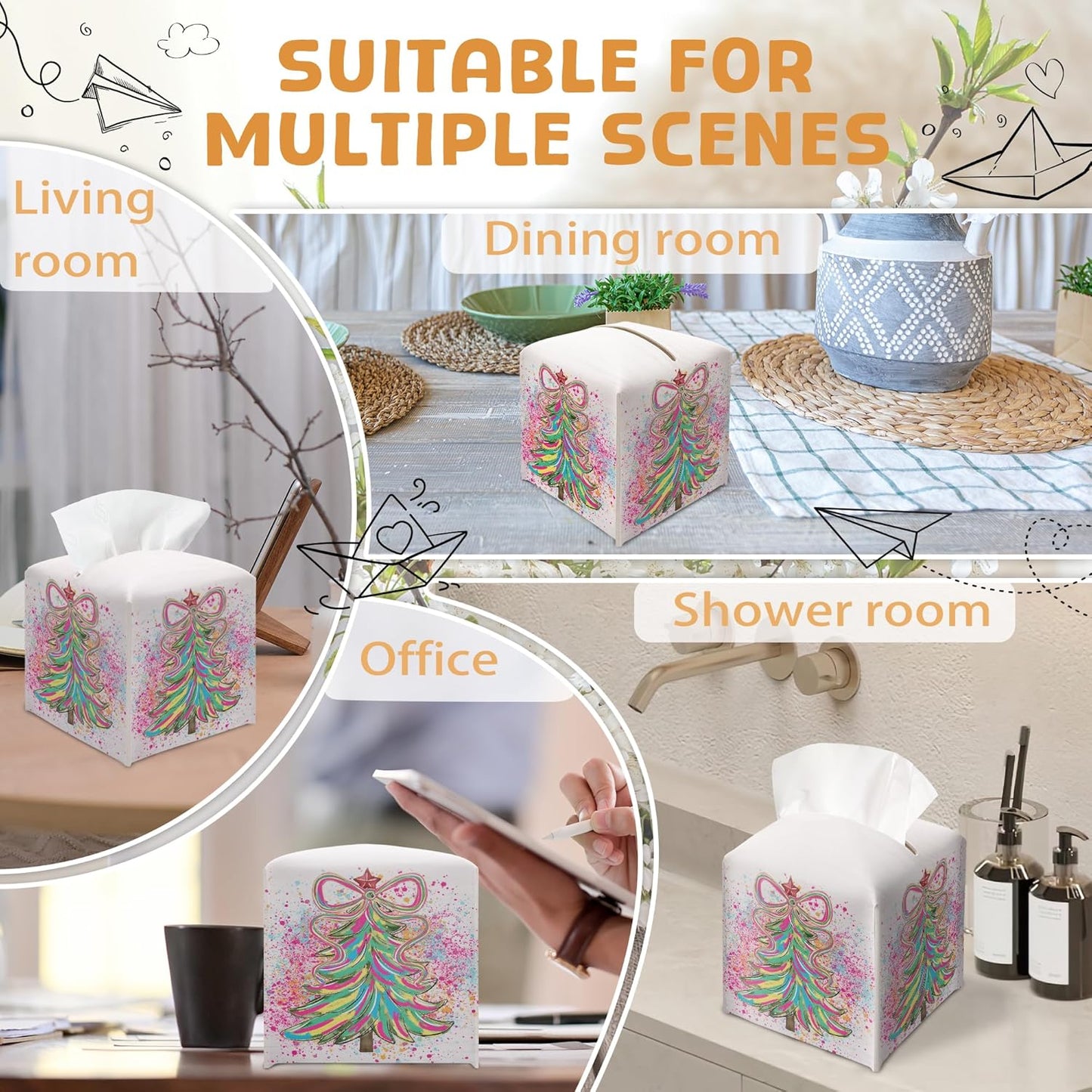 Christmas Tree Tissue Box Holder, Colorful Christmas Tree Leather Tissue Box Cover Square, Paper Facial Decorative Tissues Cover for Night Stands Bathroom Kitchen Office Home Decor-B01