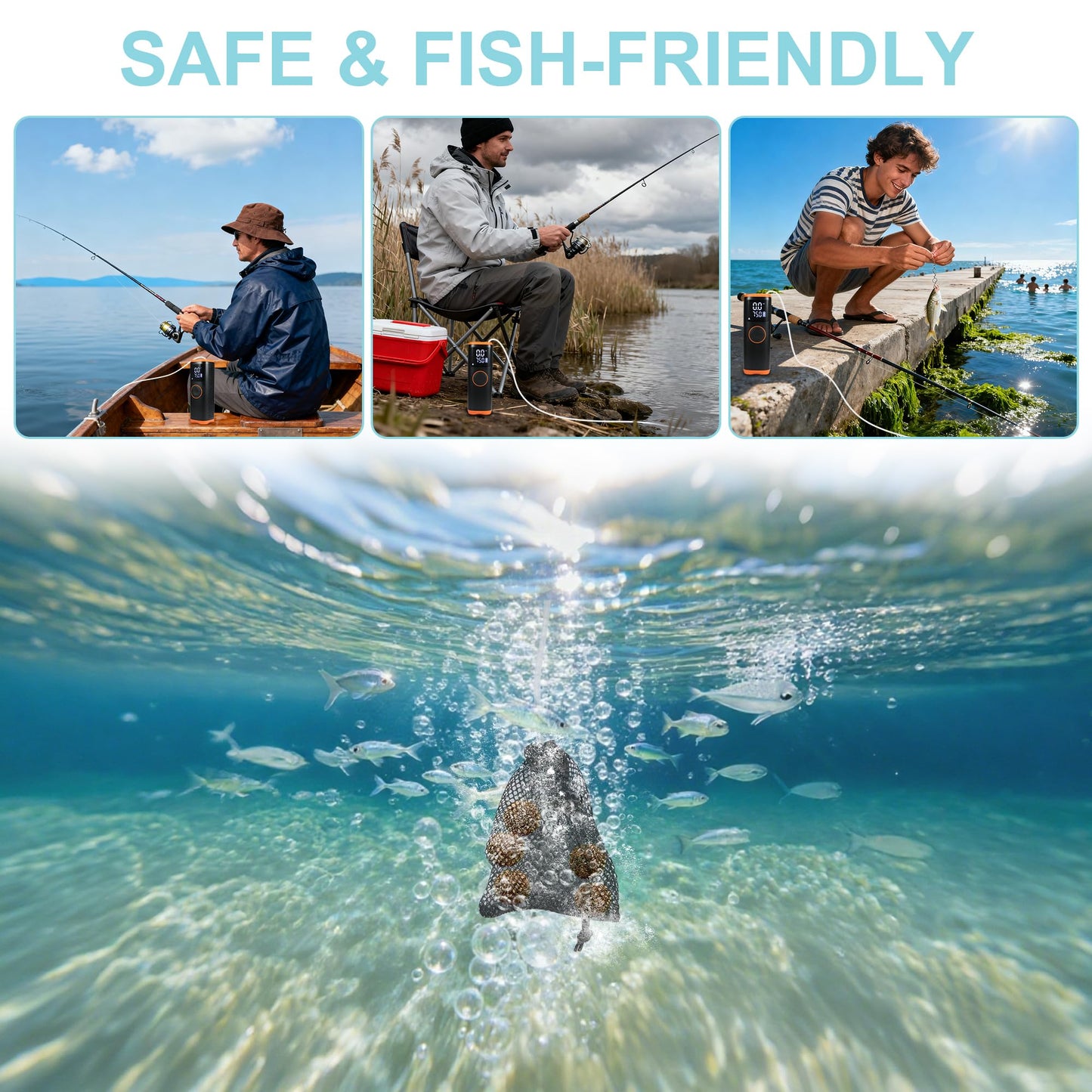 Xyuee Portable Rechargeable Air Compressor - 7500mAh Underwater Fish Attraction Oxygen Device / 150PSI Air Pump with Fish Attracting Gear, LED Lights&Pressure Gauge for Car Tires, Bubble Bait Fishing