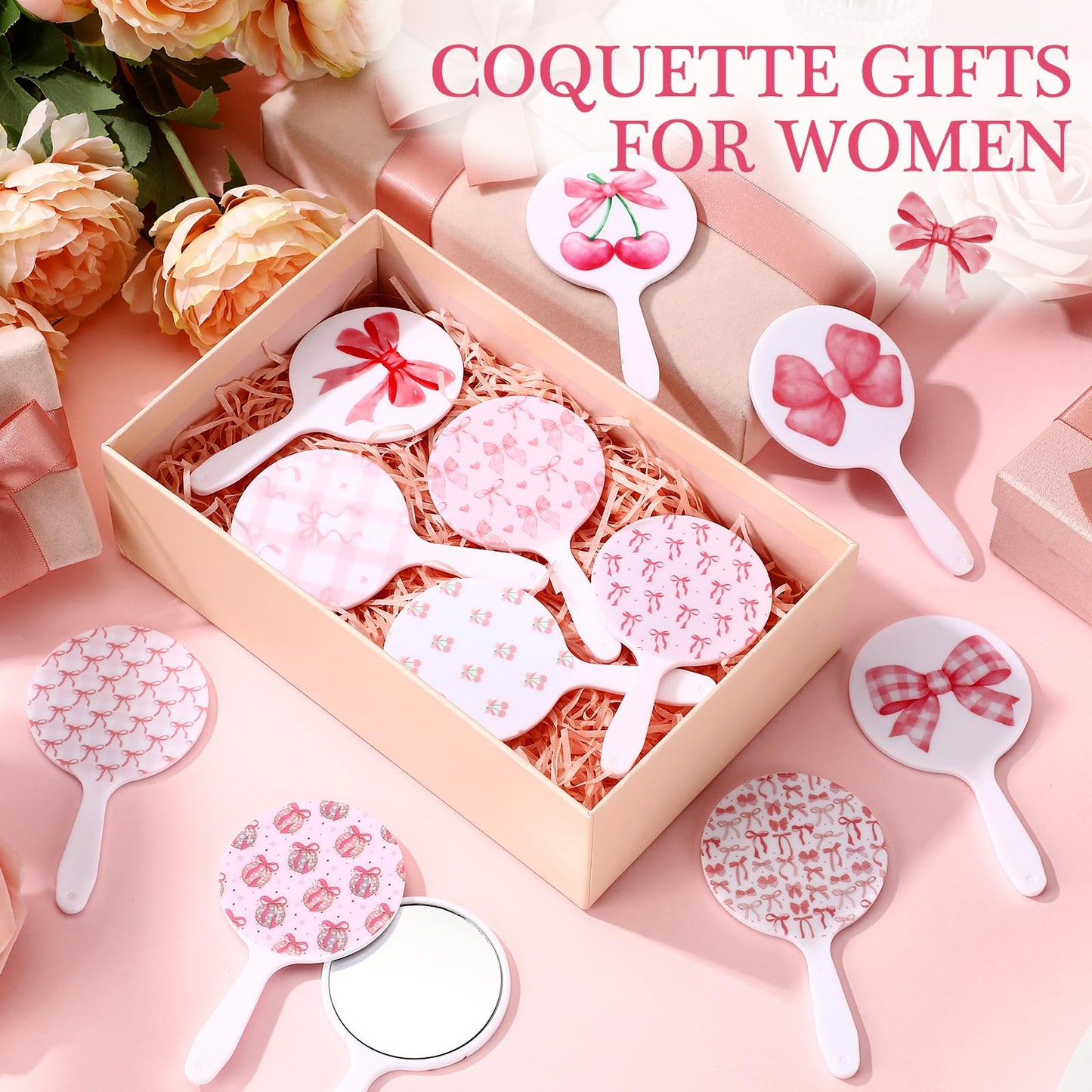 Chunful 48 Pcs Pink Bow Handheld Mirror Bulk Travel Makeup Small Round Mirror Gifts for Women Birthday Wedding Party Favors