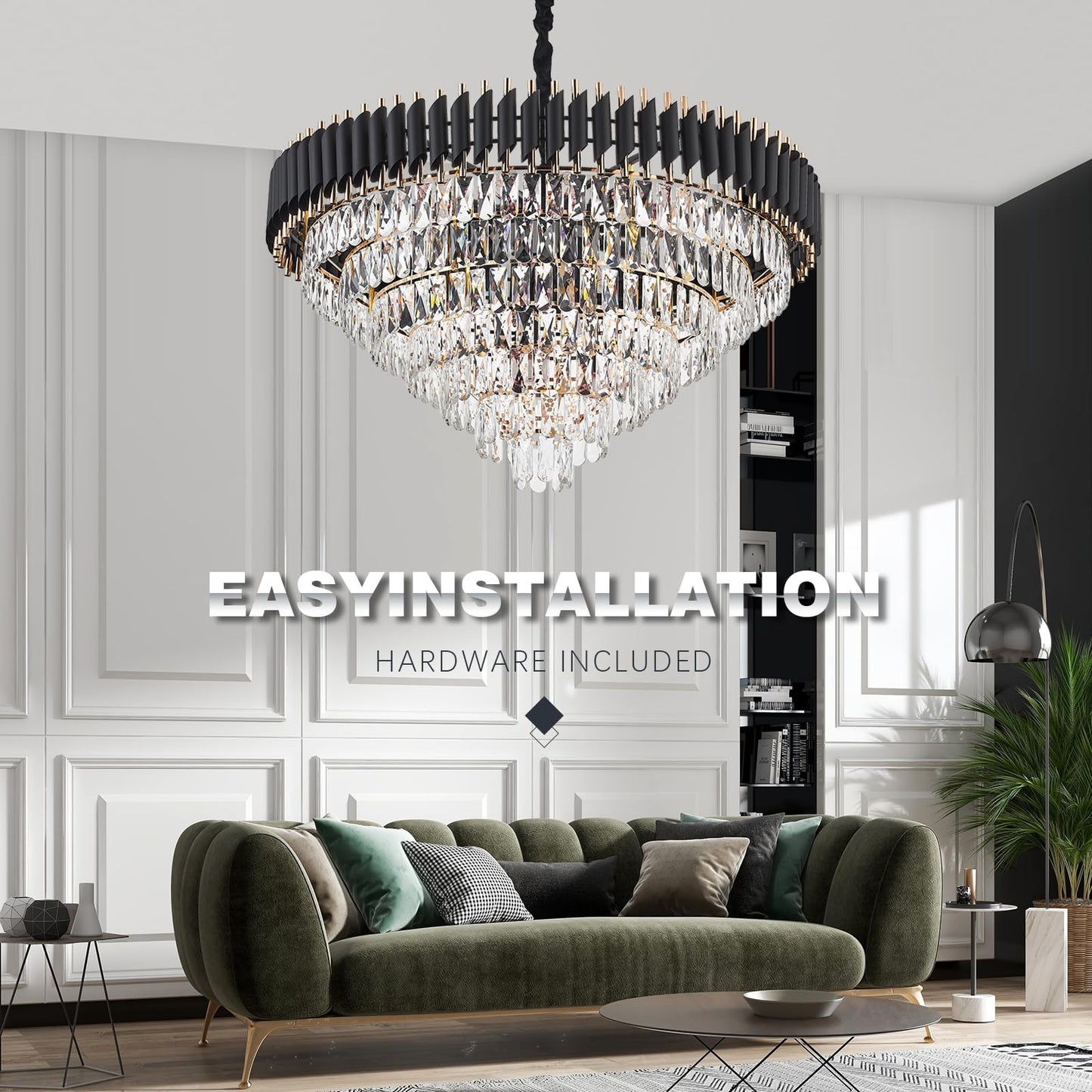 Brfaixla 7-Tier Black Gold Crystal Chandelier 35.5 18-Light Modern Crystal Pendant Chandelier Ceiling Light Fixture Hanging Lighting For Living Room Villa Restaurant Foyer High Ceiling