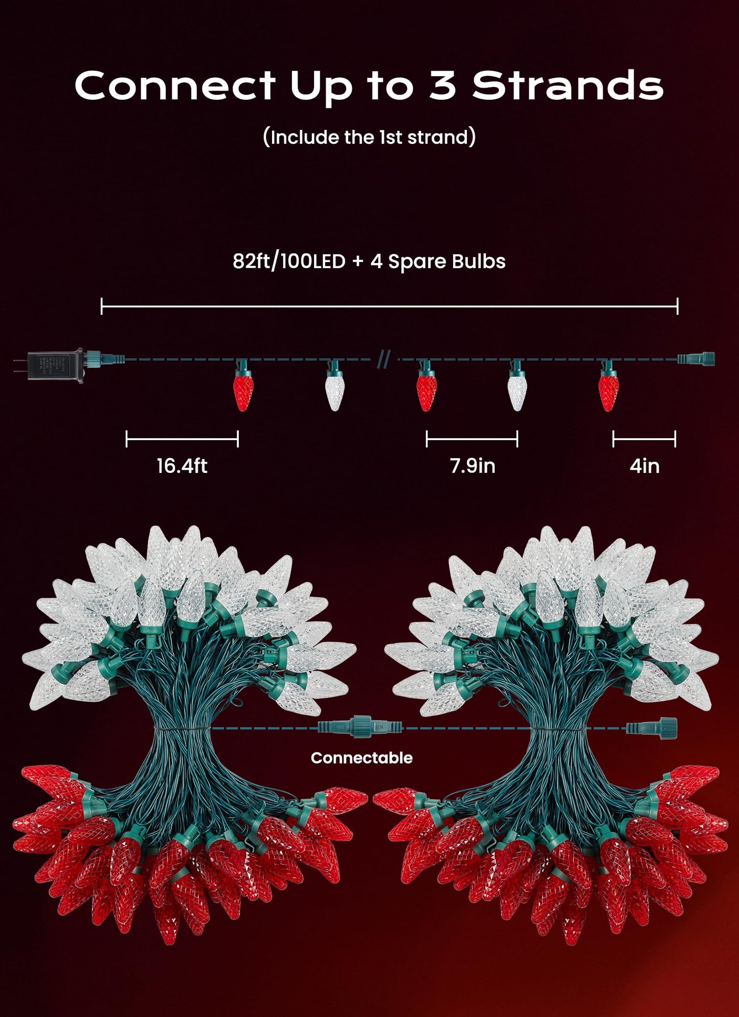 C9 Christmas Lights Outdoor  66 Ft 100 Led Connectable C9 String Lights With 8 Modes And Timer Xmas Tree Patio Roofline Garden Yard Holiday Party Indoor Outdoor Decoration  Red And Warm White