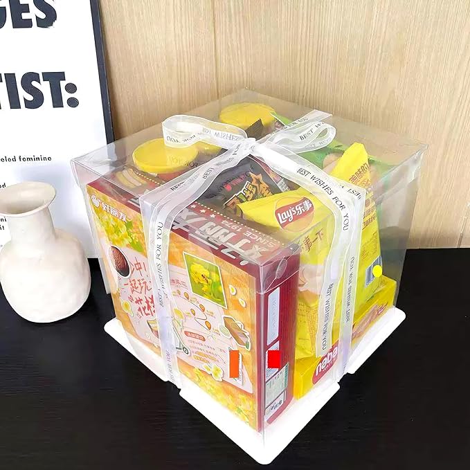 5 Pcs, 12'x12'x11' inch Food Grade Clear Plastic Display Boxes, 29.4 x 29.4 x 25 cm with Ribbon, for Cakes, Bakeries, Desserts, Birthday, Christmas and Thanksgiving