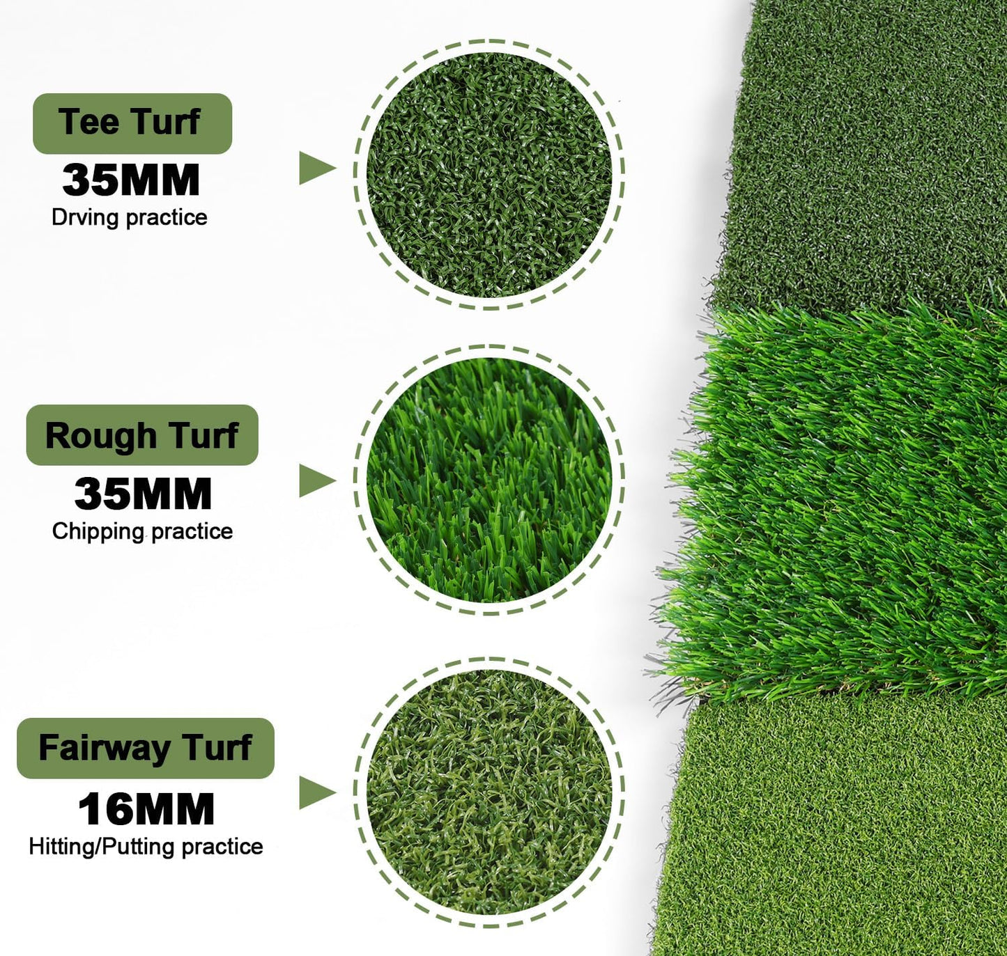 Golf Hitting Mat, Tri Turf Portable & Foldable Golf Practice Mat, with 5mm PVC Rubber Backing for Backyard, Driving Range, Indoor Outdoor Practice Hitting, Swing & Putting Training