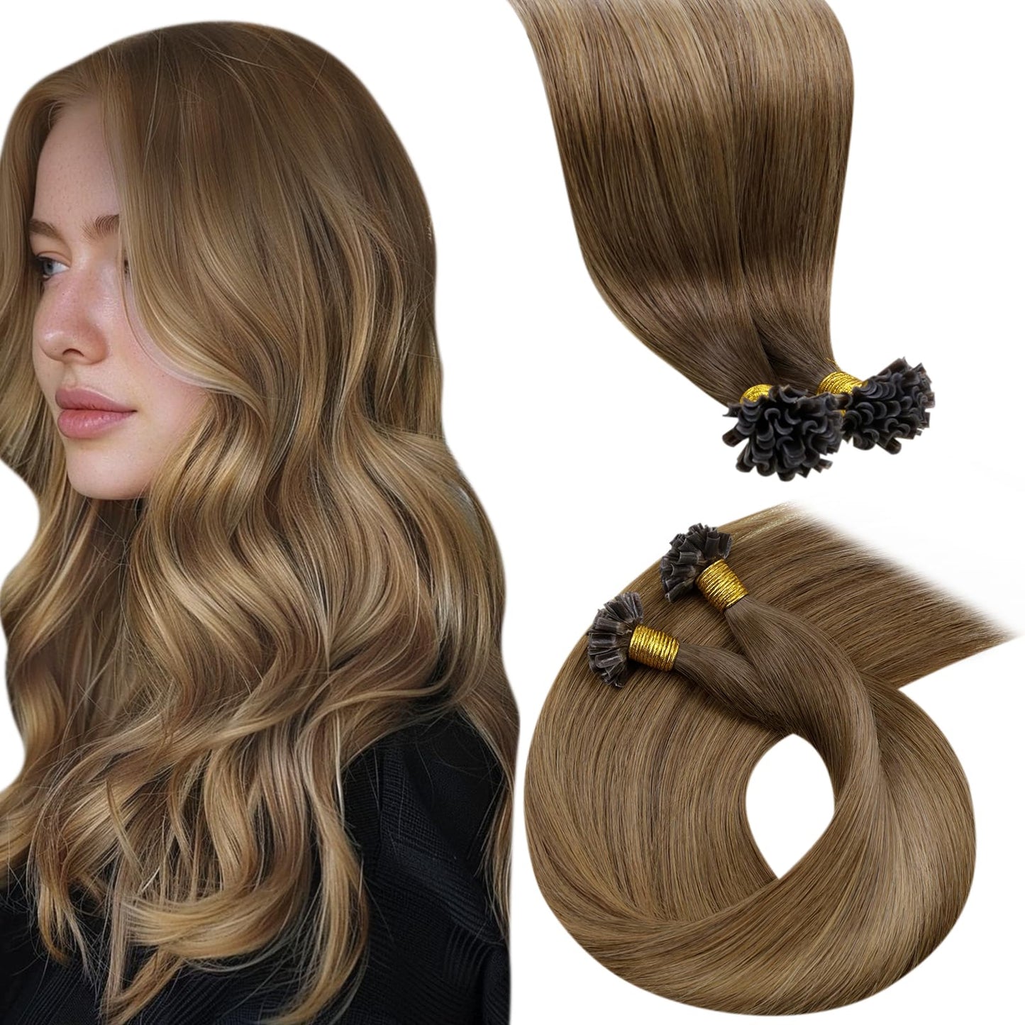 LaaVoo Utip Hair Extensions Human Hair Ombre Brown to Light Brown Mix Golden Brown K Tip Hair Extensions Real Human Hair Nail Ti