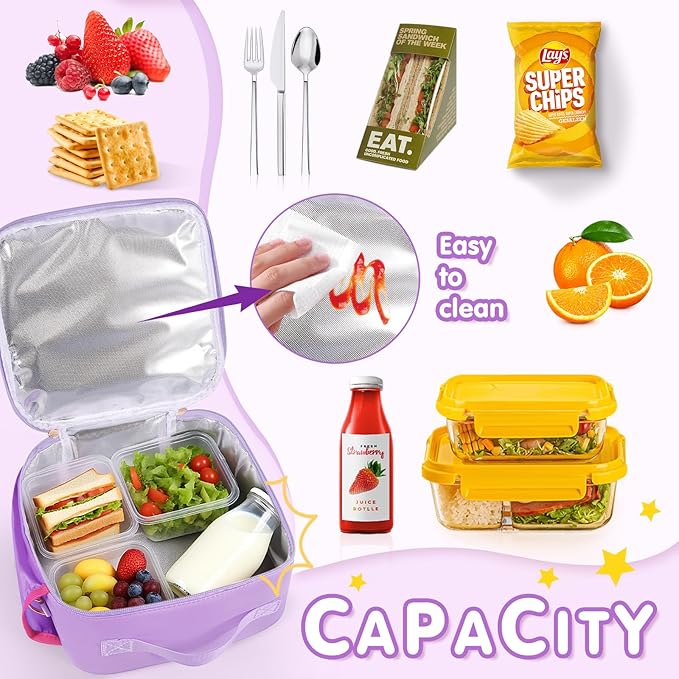 Lunch Bag Kids,Insulated Lunch Bag With Adjustable Shoulder Strap,Reusable Lunch Bag for Kids, Girls,Boys, lunch Bag Women,Preppy Lunch Box for School,Travel, Picnic (dark purple)