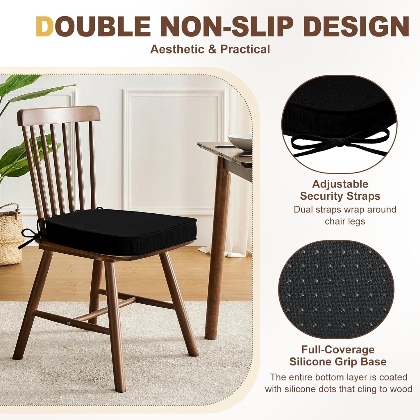 downluxe Chair Cushions for Dining Chairs, Waterproof Kitchen Chair Pads, Non-Slip Dining Seat Cushion with Ties, 17" x 16" x 2.5", Black, 6 Pack
