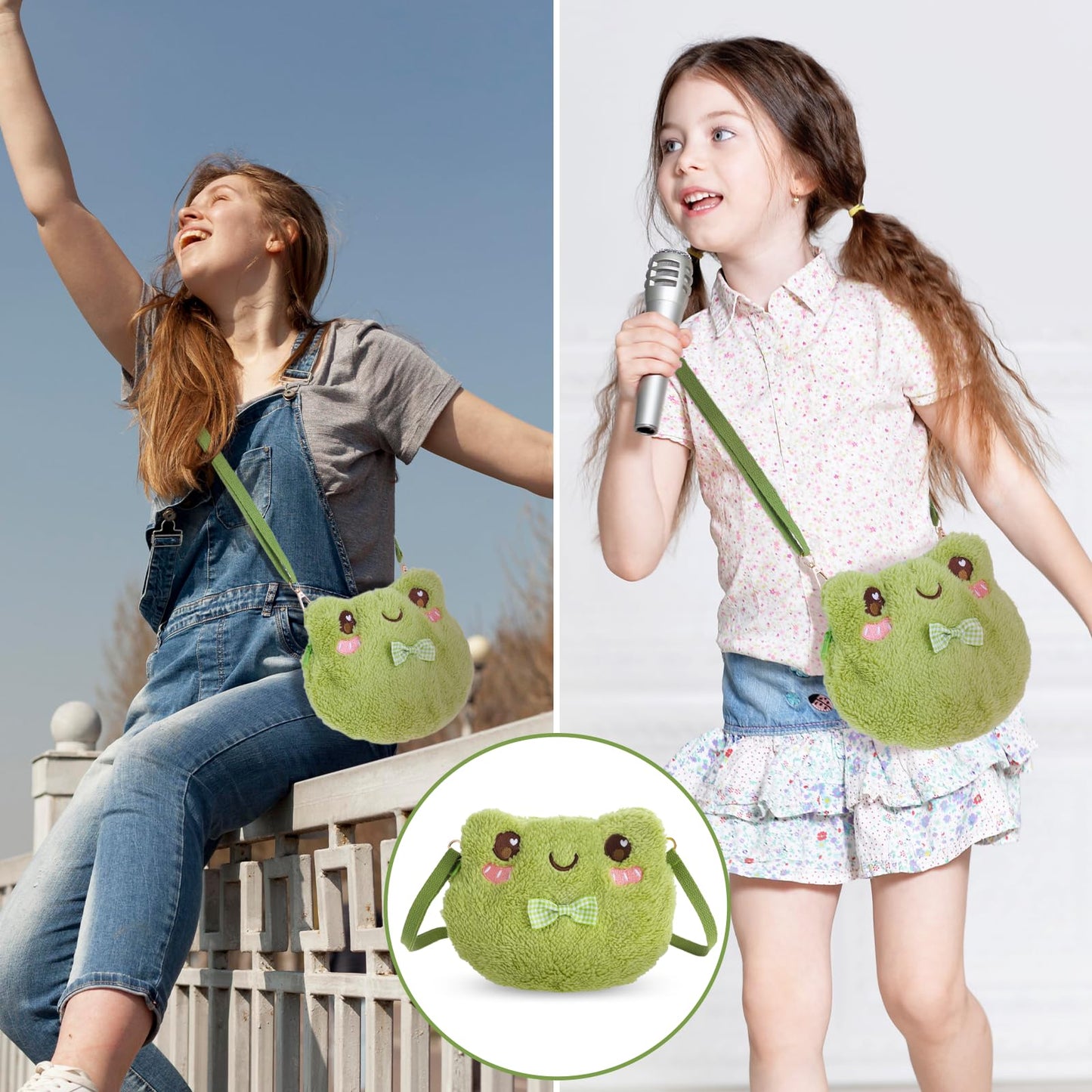 Qianyu Green Frog Crossbody Bag Cute Plush Purse Backpack Kawaii Shoulder Portable Practical Wallet Cartoon Animal Lolita Bag with Chain Strap Send to Children Adults Girls and Women
