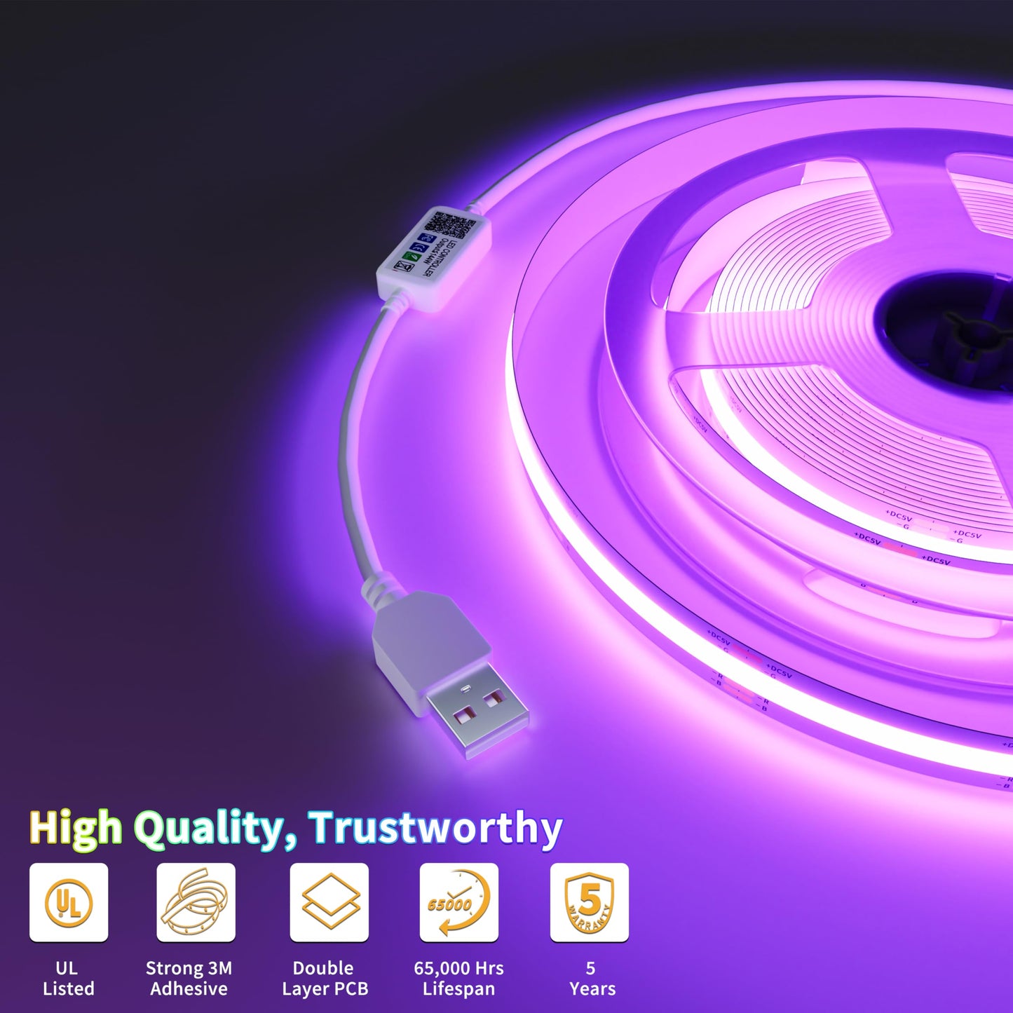 Pautix 5V Usb Cob Rgb Led Strip Light, 4.92Ft Multicolor Flexible Tape Lights For Home, Kitchen, Bedroom, Bluetooth Control, Model Cob-Usb-Rgb816F