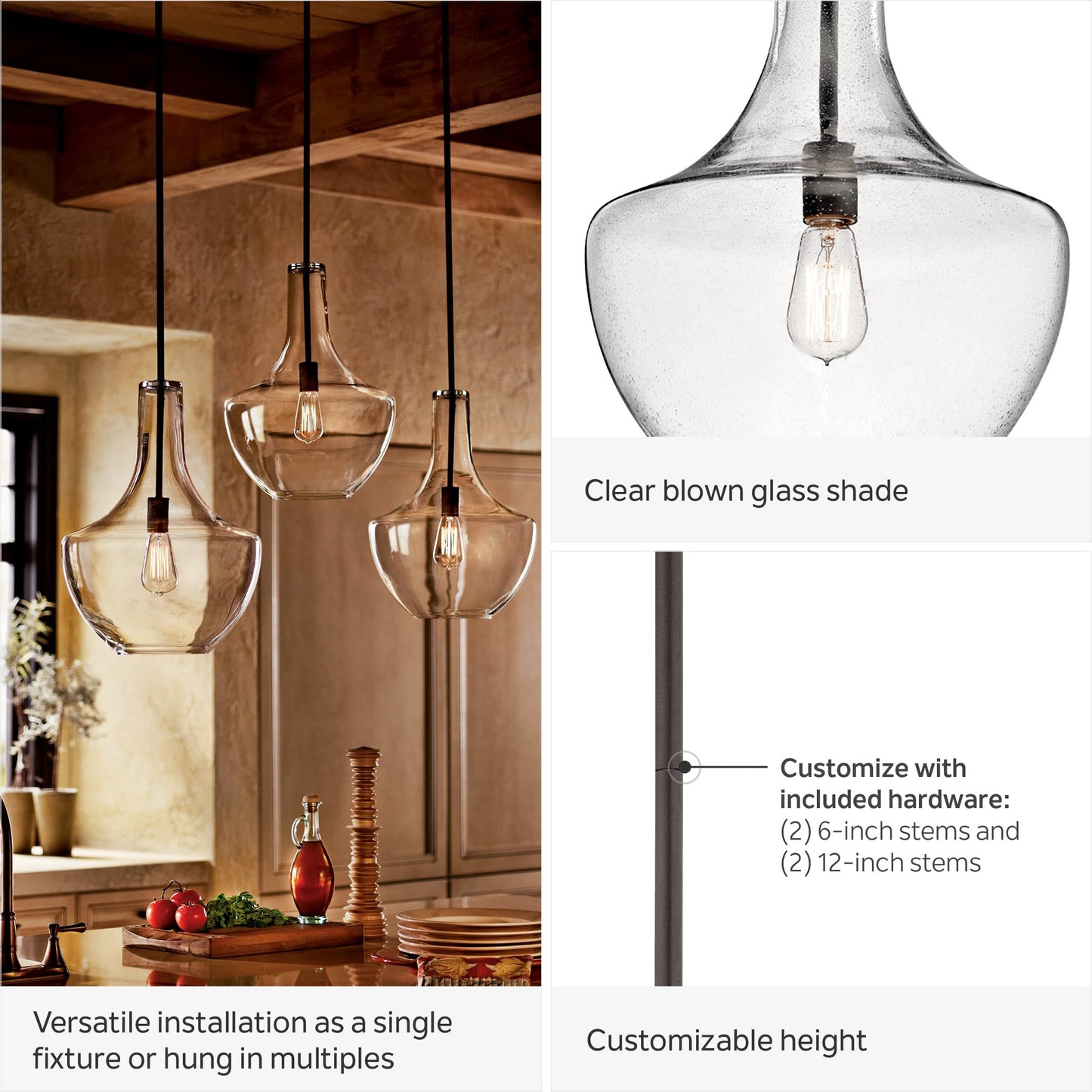 Kichler Everly 1-Light Pendant, Clear Glass, Natural Brass, 15.25in x 10.5in, Model 42456NBR
