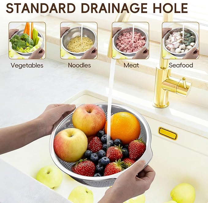 GOLDEN KEY Stainless Steel Colander for Kitchen, 3 Pcs Stainless Steel Strainer,Strainers and Colanders,Pasta Strainer with Handle for Vegetables Cooking Food,Dishwasher Safe(3QT,4QT,5QT)