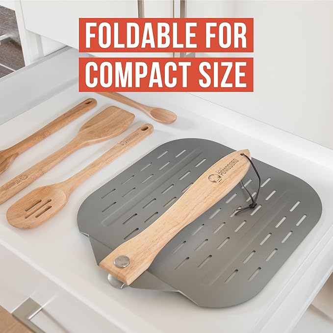 Chef Pomodoro Perforated Aluminum Metal Pizza Peel with Foldable Wood Handle for Easy Storage, Premium Pizza Paddle with Holes for Baking Homemade Pizza and Artisan Breads (12 inch)
