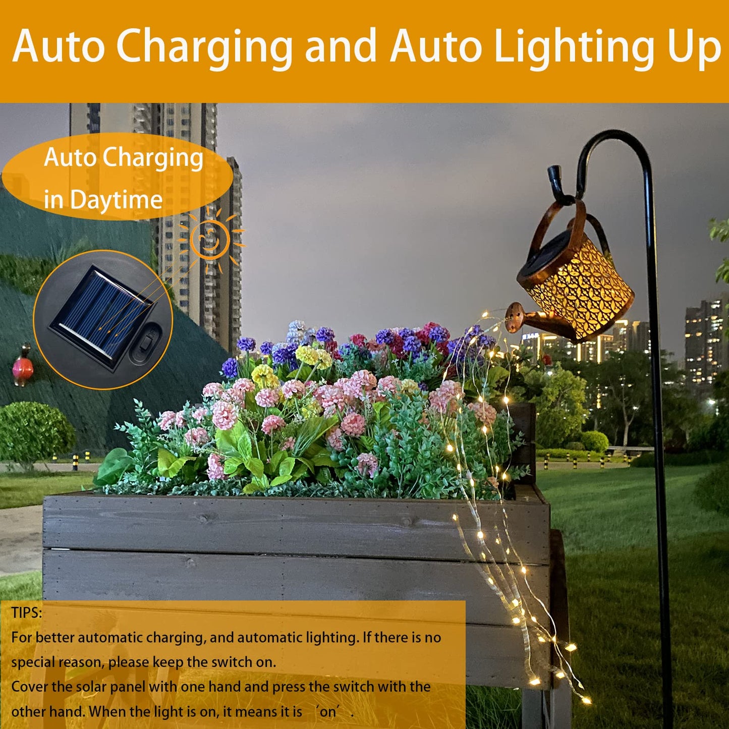 Merrytech Solar Lanterns Outdoor Metal Watering Can with Hook, Waterproof Garden Decor, Yard Art, Model lantern001