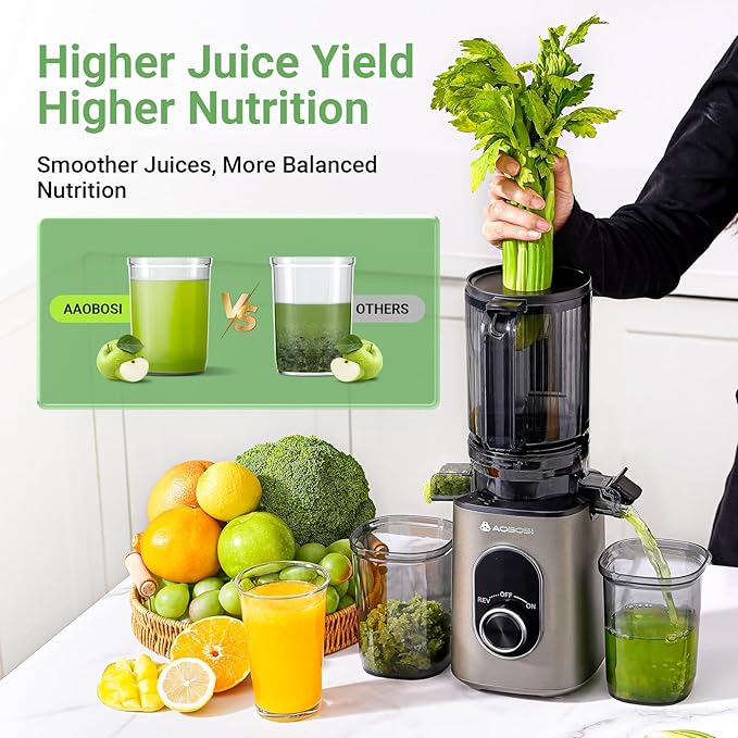 AAOBOSI Cold Press Juicer,4.35" Large Feed Chute Masticating Juicer Machines (Upgrade) High Juice Yield Slow Juice Extractor fit Fruits &Vegetables, Easy to Clean, New Designed for Home and Travel