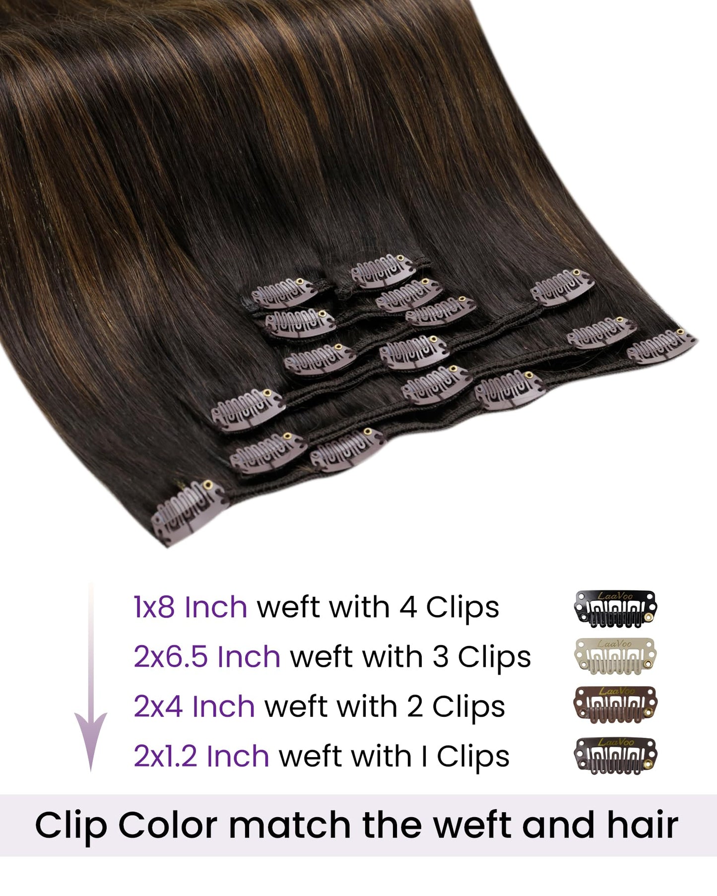 LaaVoo Clip in Hair Extensions Real Human Hair Dark Brown Balayage Human Hair Extensions Clip ins # 2 Mix Light Brown Real Hair