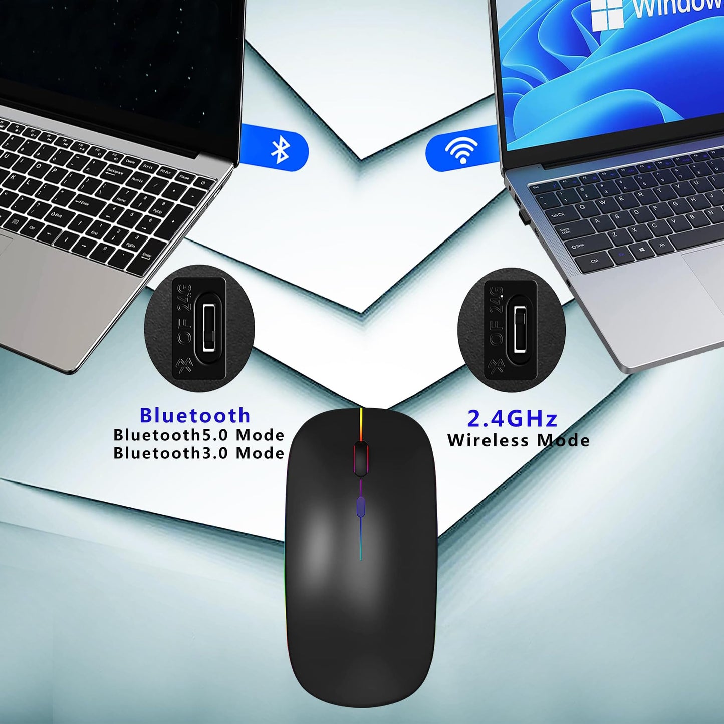 WREANU Wireless Bluetooth Mouse Rechargeable Laptop Mice with LED Lights Silent Slim Use(BT5.2 and 2.4G Portable USB Receiver)Dual Mode Computer Mouse for Laptop/iPad/Tablet/Apple/Computer/Mac(Black)