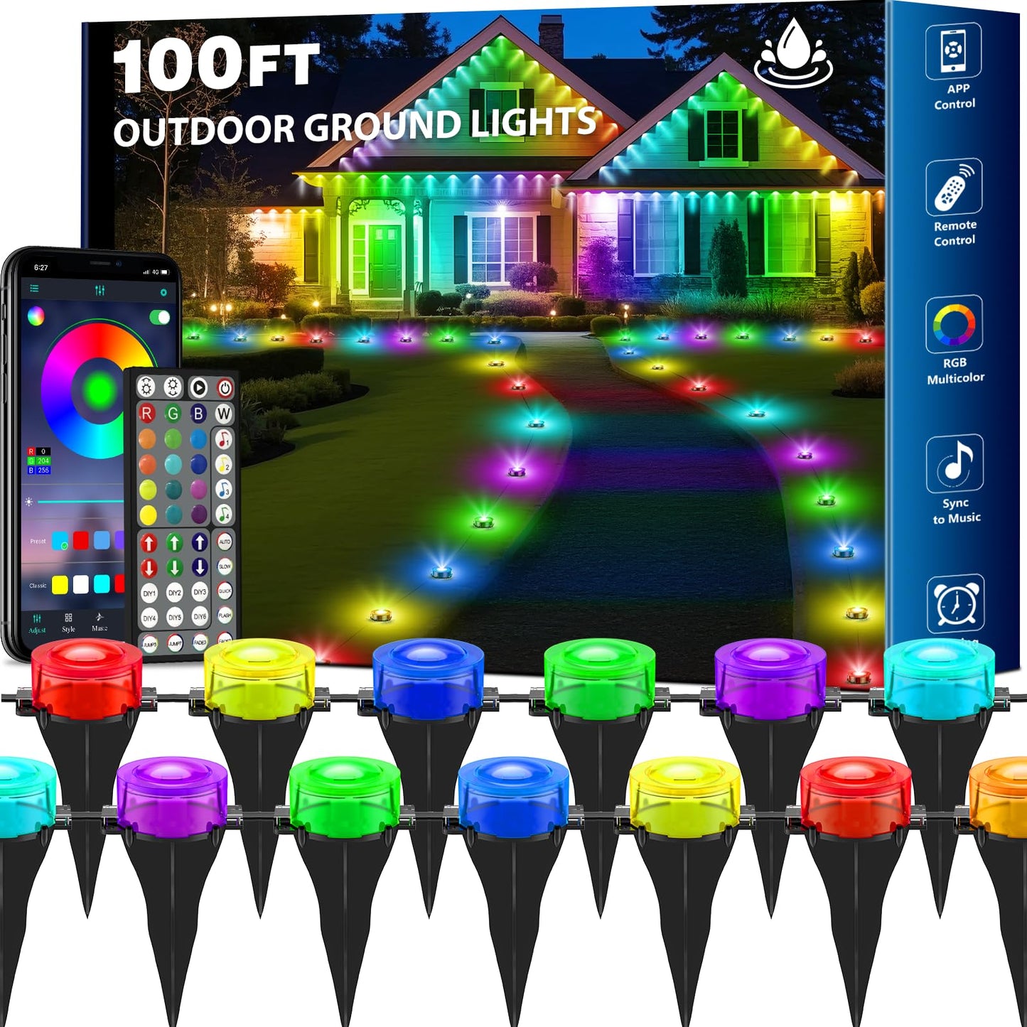 TQQVXX RGB Outdoor Ground Lights, 200FT Color Changing Pathway Lights with Remote, Waterproof, Black