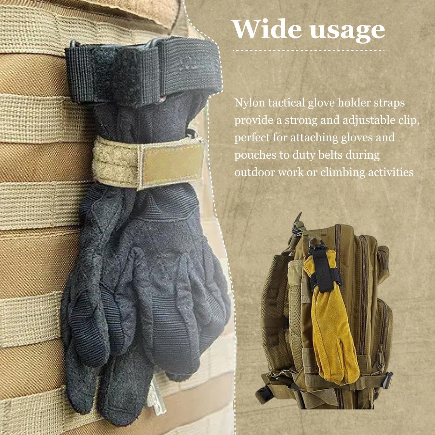 3 Pcs Tan Nylon Tactical Glove Holder Straps with Adjustable Safety Clips for Duty Belts Ideal for Outdoor Work Climbing Rope Storage Hunter Gear Connect Rope Organization 360° Swivel Hook Buckles