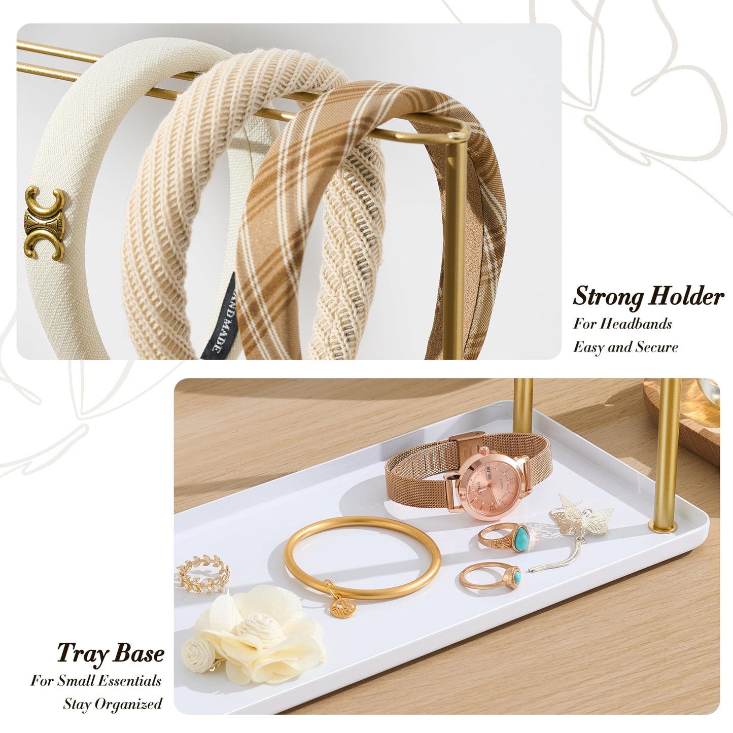 Josmimic Headband Holder Organizer Metal 2-Tier with Tray: Hair Accessories Display Stand Storage Hairband Rack Necklace Stand H