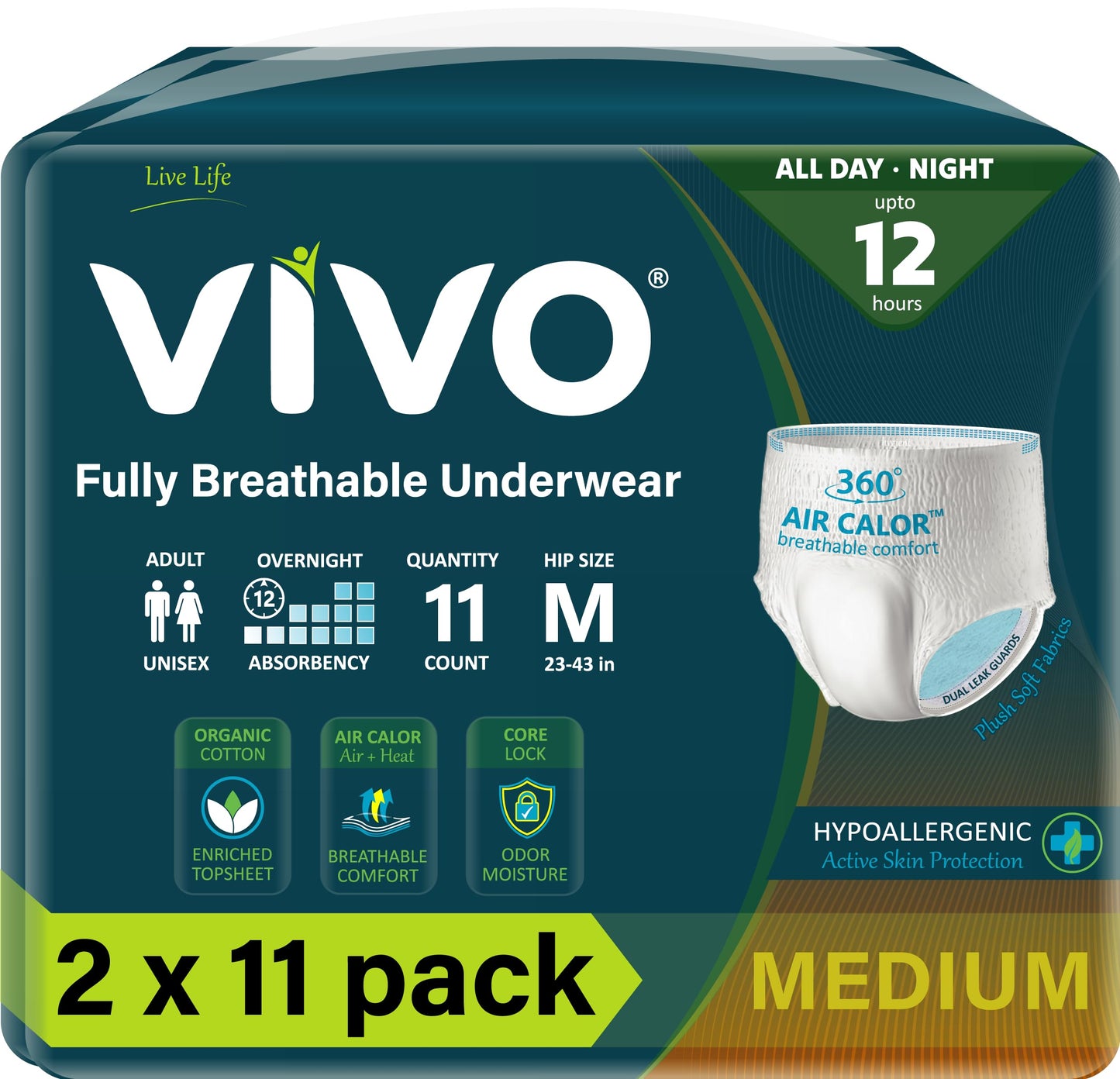 VIVO Organic Cotton Sensitive Skin Overnight Adult Incontinence Pullup Underwear, Women & Men, Medium 22 Count