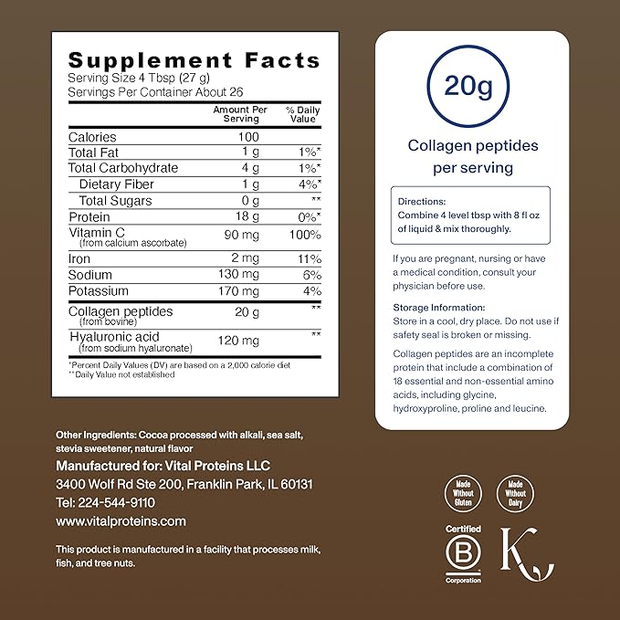 Vital Proteins Collagen Peptides Advanced, Hydrolyzed Peptides with Hyaluronic Acid and Vitamin C - Chocolate Flavor Powder, 24.7oz