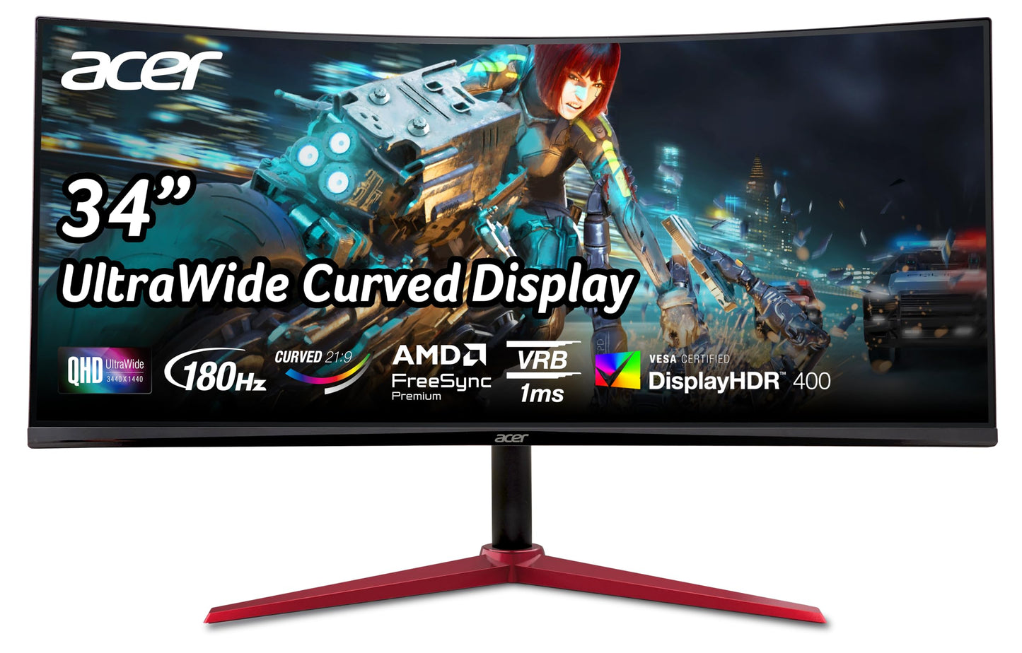 acer Nitro 34 Inch UWQHD 3440 x 1440 1500R Curved PC Gaming Monitor | AMD FreeSync Premium | Up to 180Hz Refresh | 1ms (VRB) | 400nit | DisplayHDR 400 | One DP 1.4 & Two HDMI 2.0 | XZ342CU Vbmiiphx